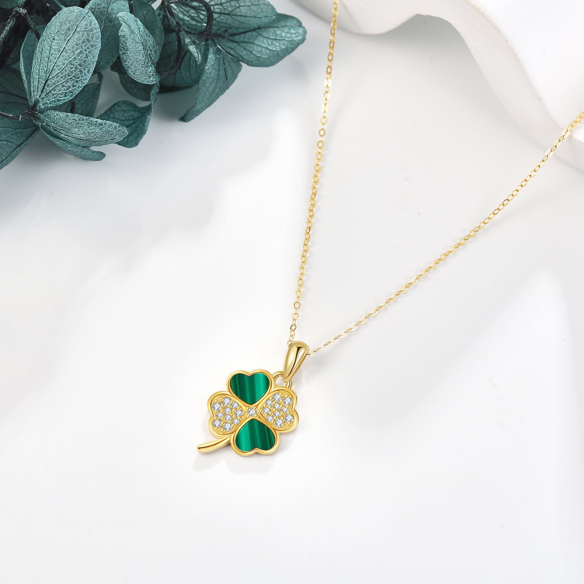 14K Gold Cubic Zirconia & Malachite Four Leaf Clover Pendant Necklace