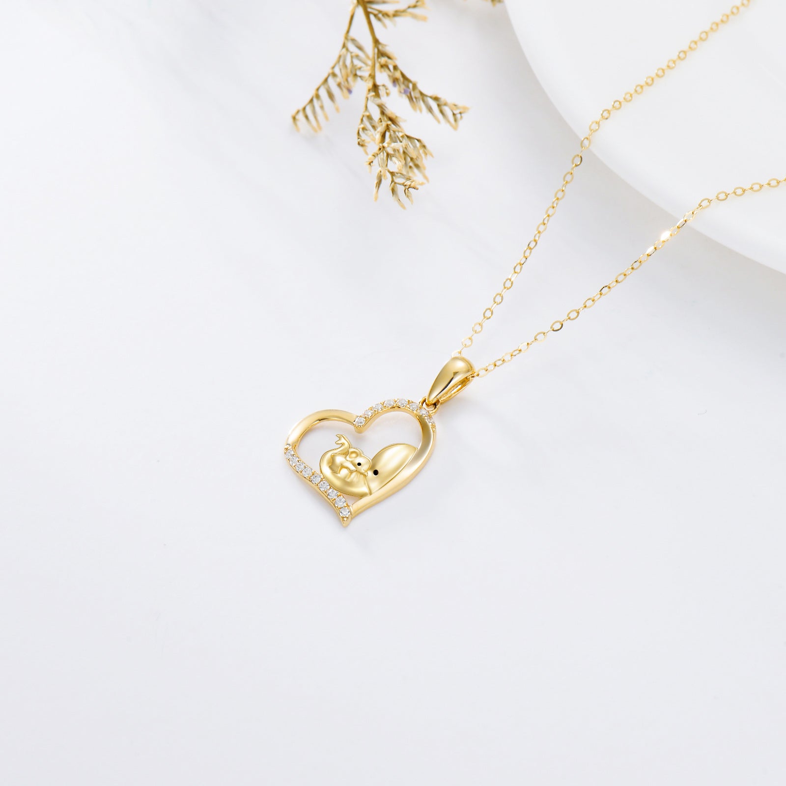 14K Gold Cubic Zirconia Mama Elephant & Heart Pendant Necklace