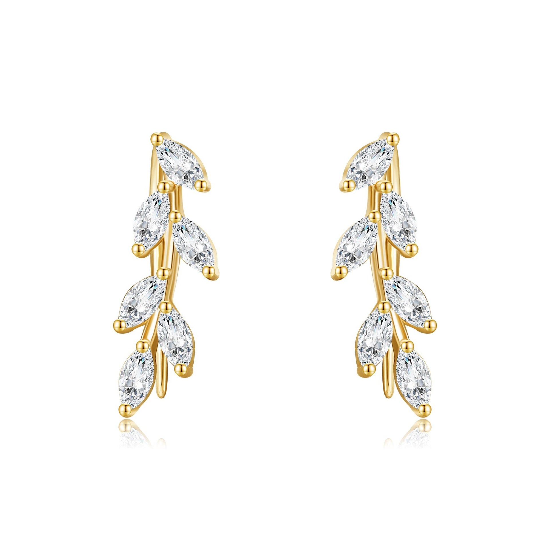 14K Gold Marquise Shaped Cubic Zirconia Leaves Climber Earrings