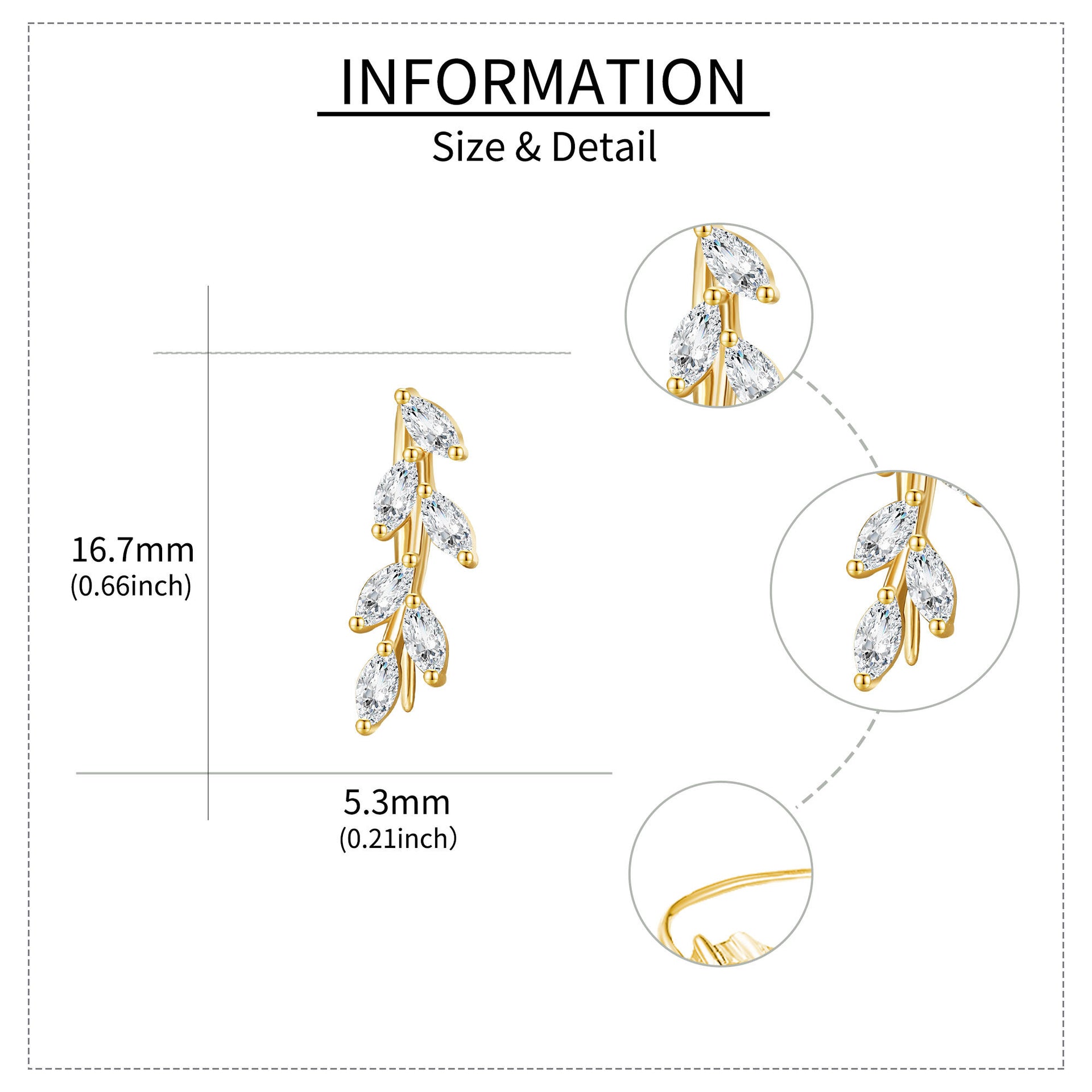 14K Gold Marquise Shaped Cubic Zirconia Leaves Climber Earrings