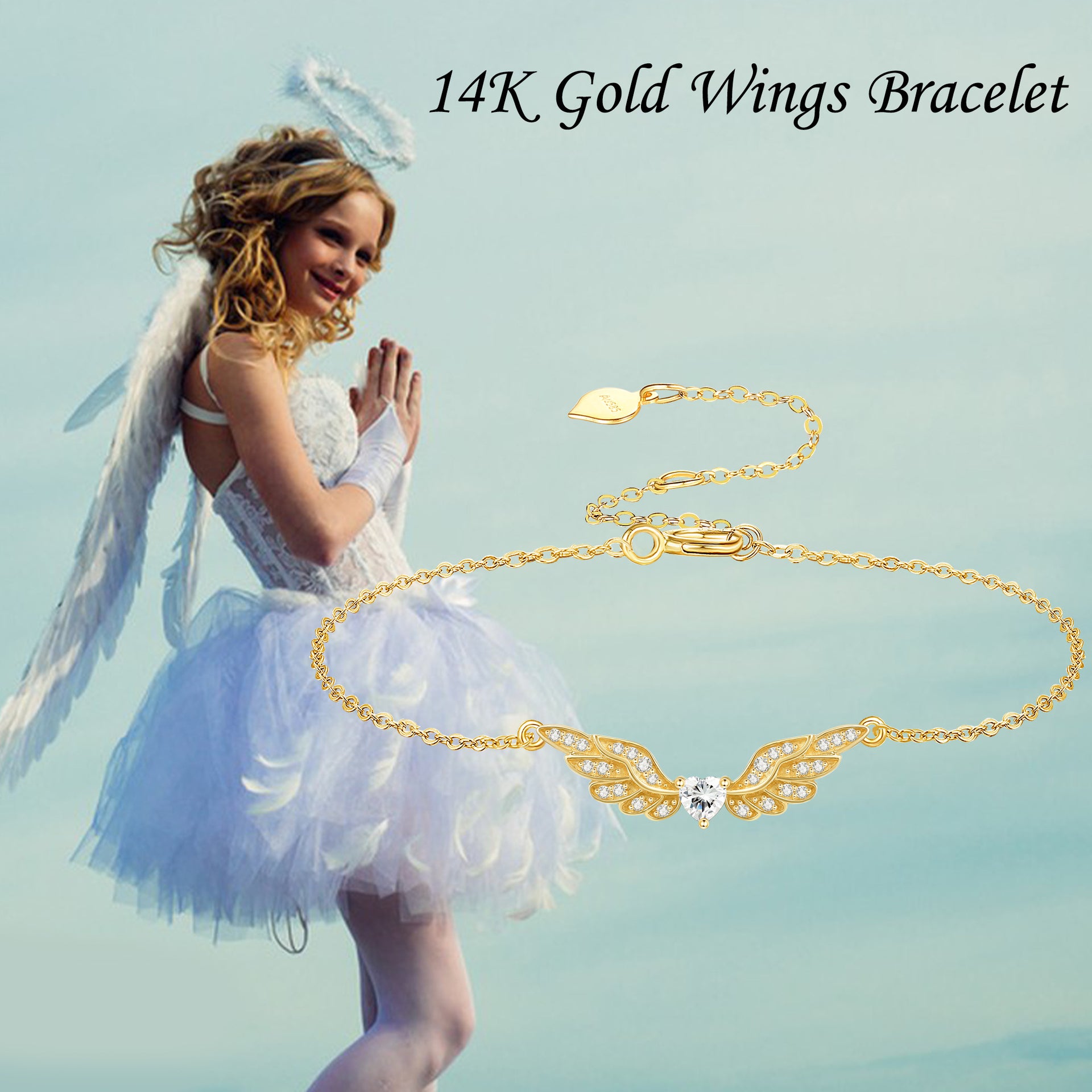 14K Gold Moissanite Angel Wing Charm Bracelet for Women