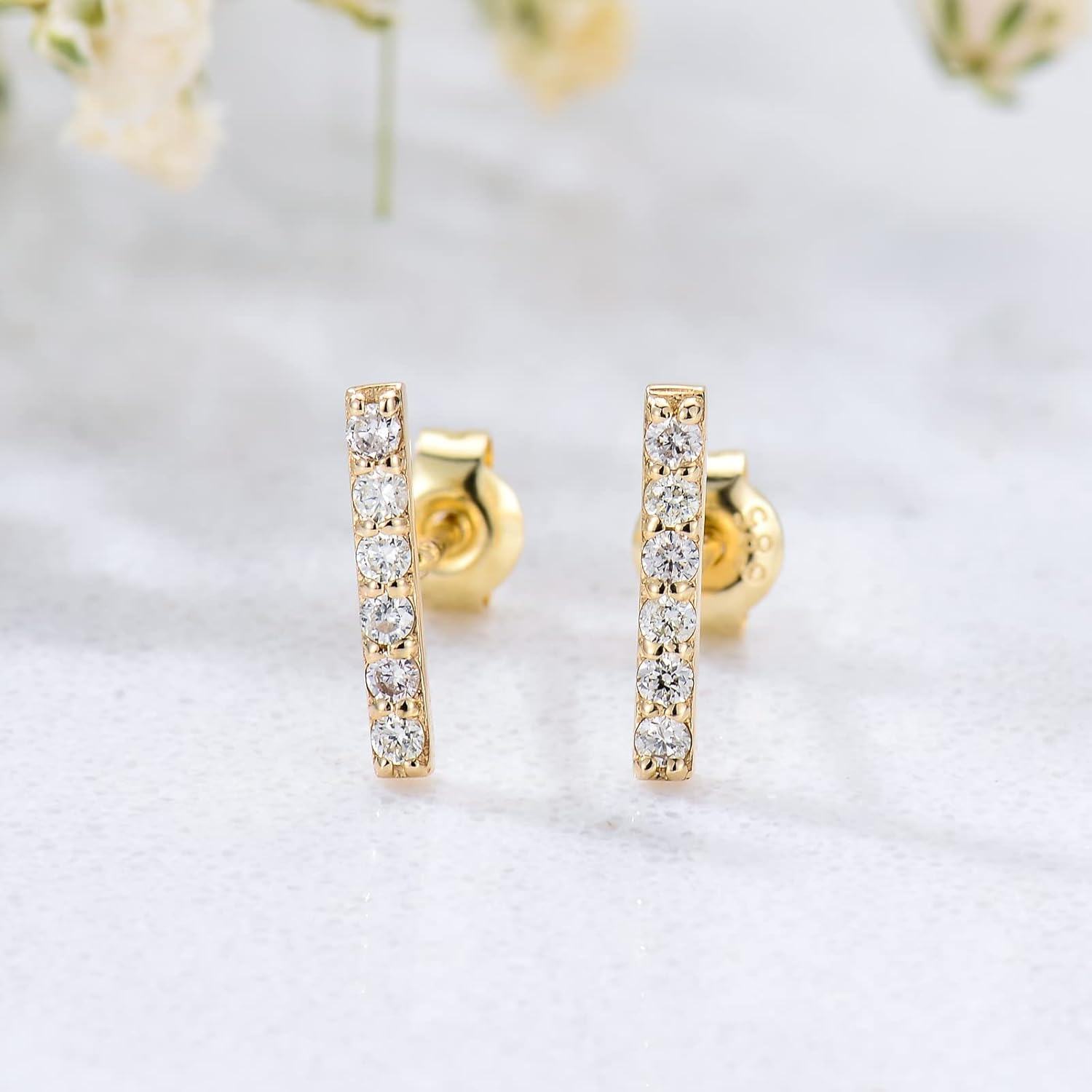 14K Gold Moissanite Bar Stud Earrings