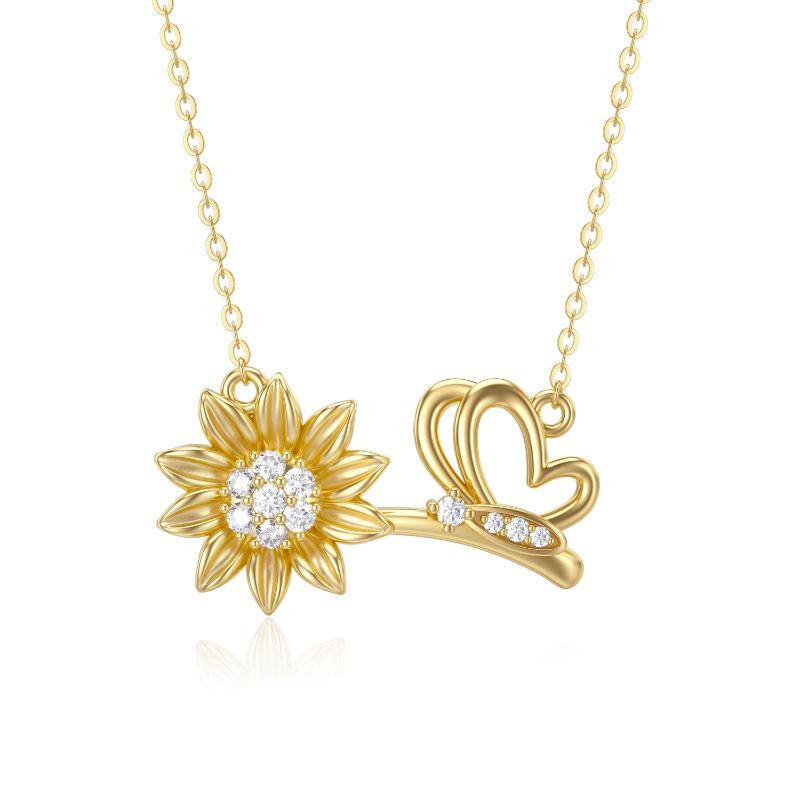 14K Gold Moissanite Butterfly & Sunflower Pendant Necklace