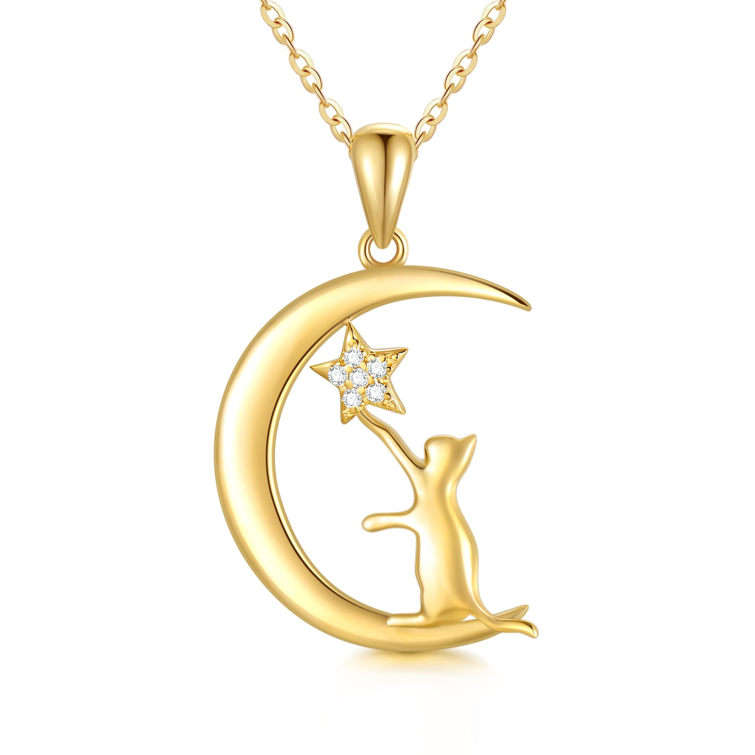 14K Gold Moissanite Cat & Moon Pendant Necklace