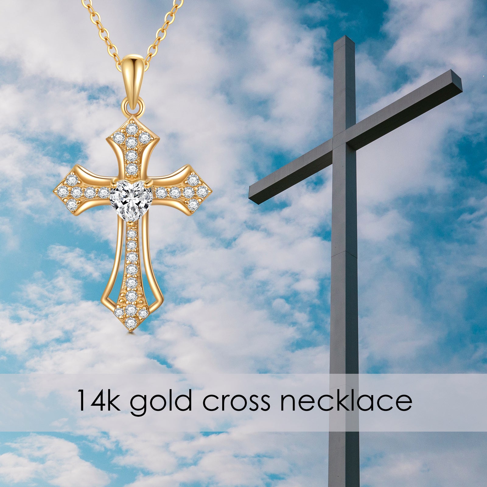 14K Gold Moissanite Cross Pendant Necklace