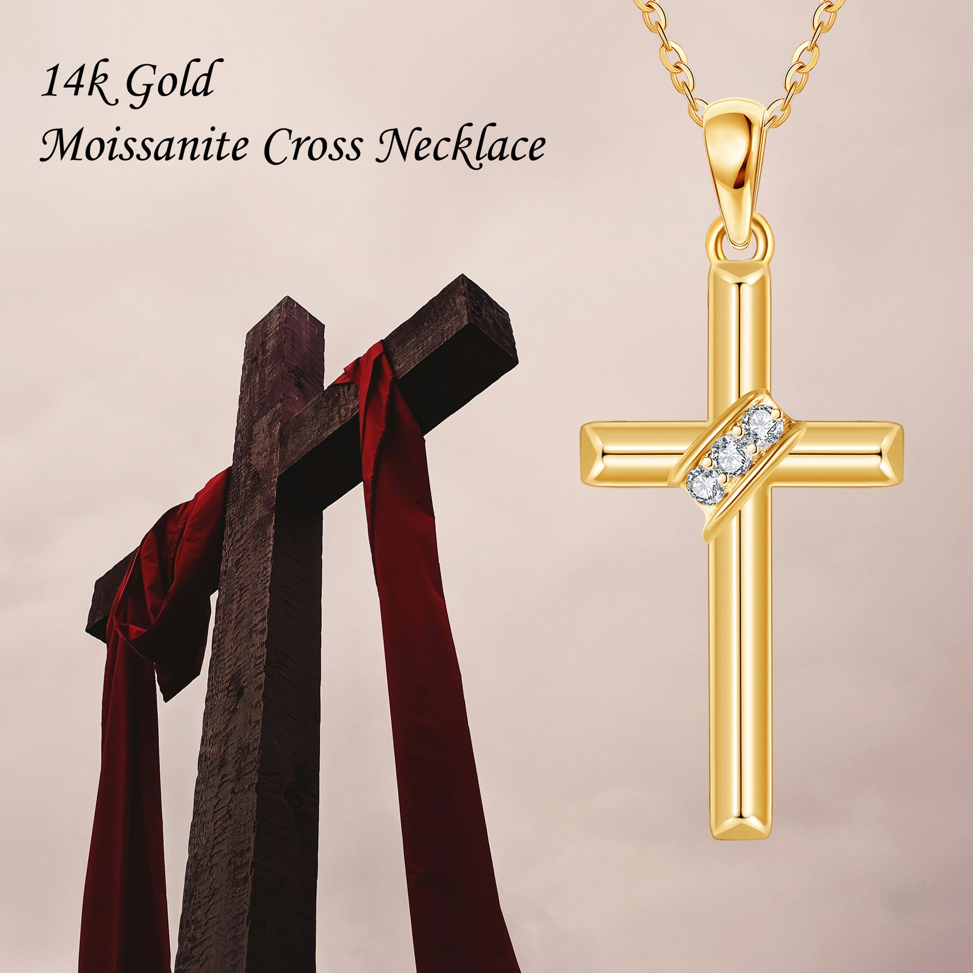 14K Gold Moissanite Cross Pendant Necklace