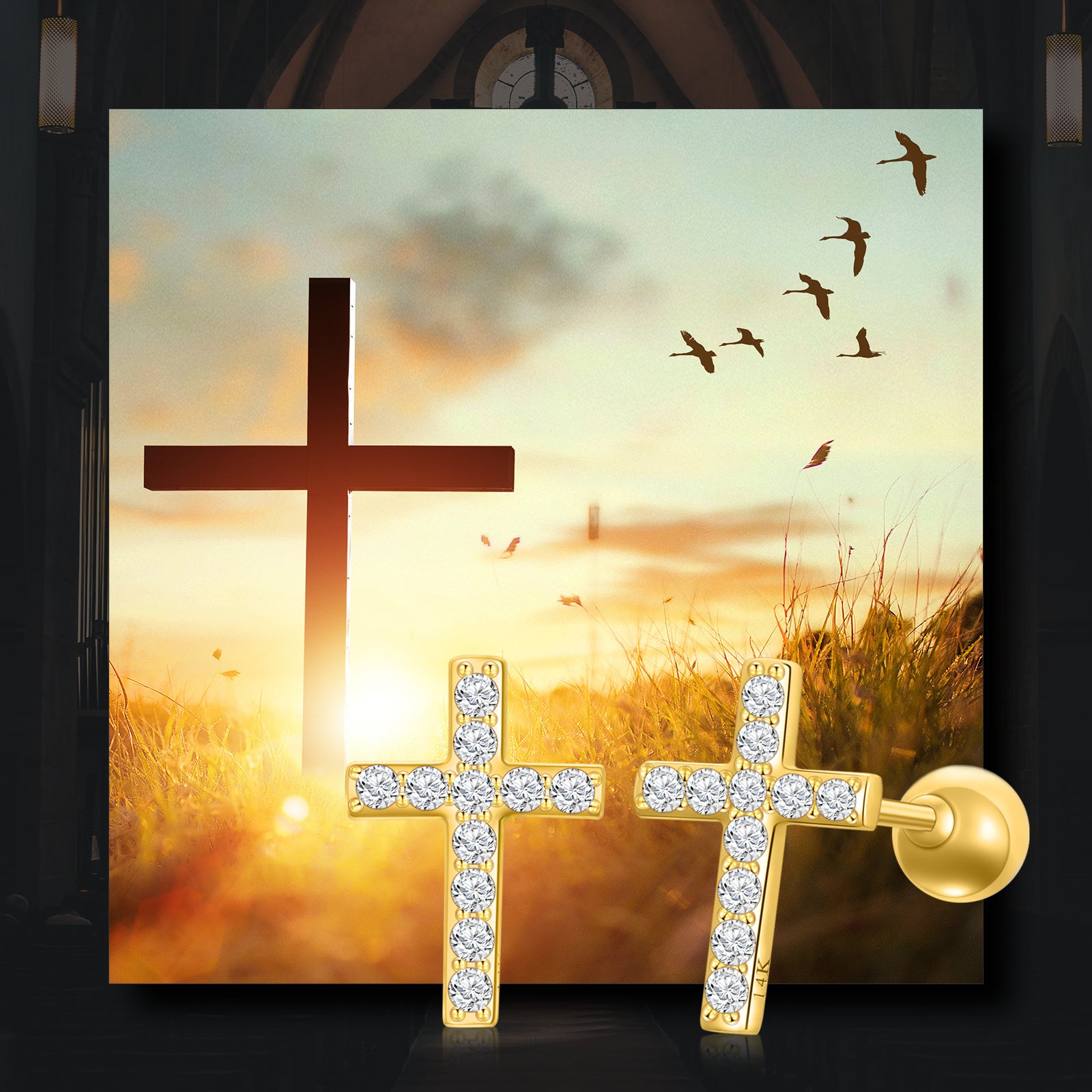 14K Gold Moissanite Cross Stud Earrings