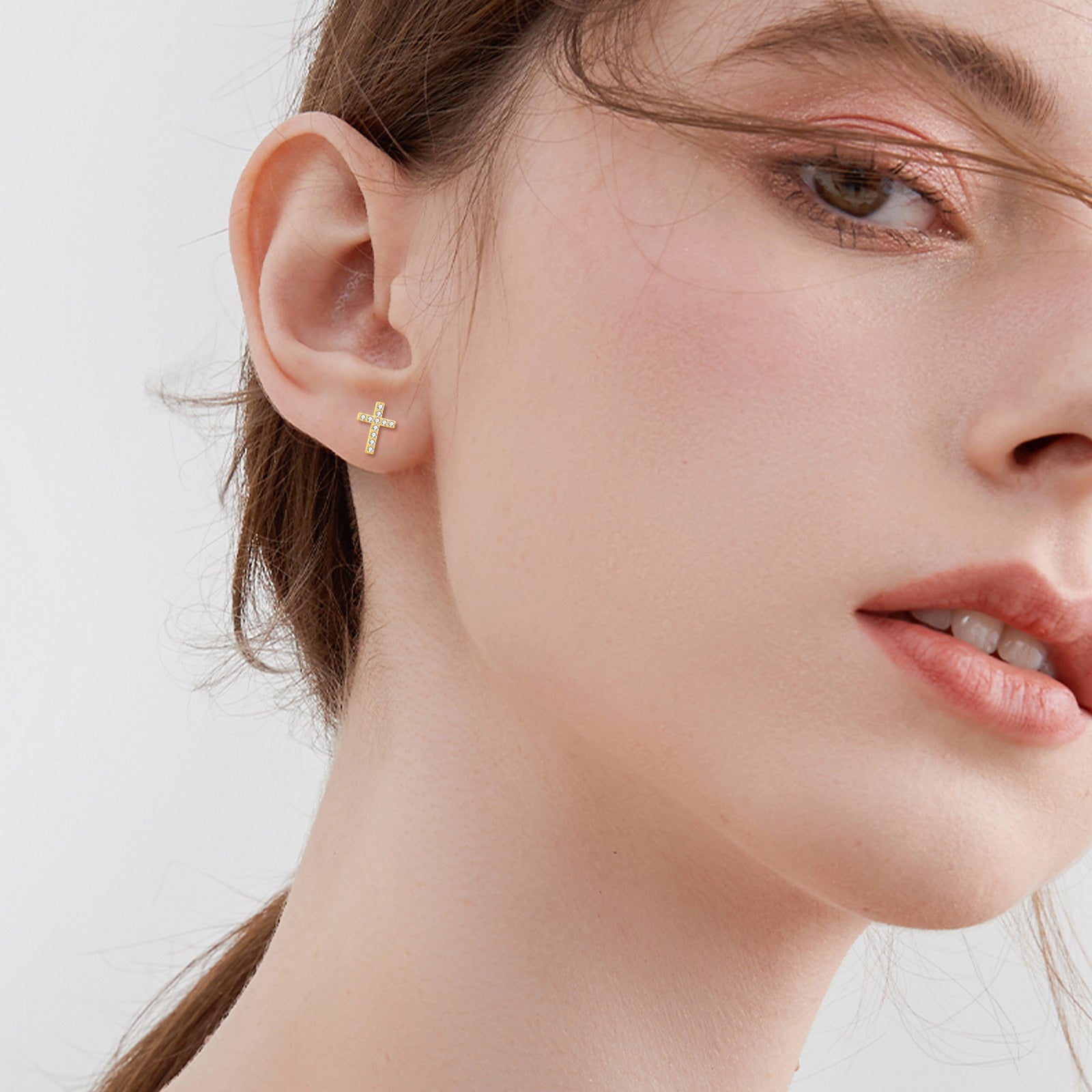 14K Gold Moissanite Cross Stud Earrings