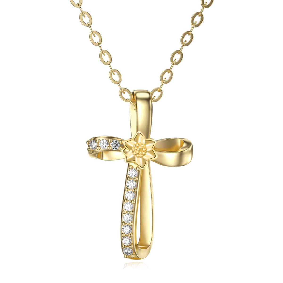 14K Gold Moissanite Daisy & Cross Pendant Necklace