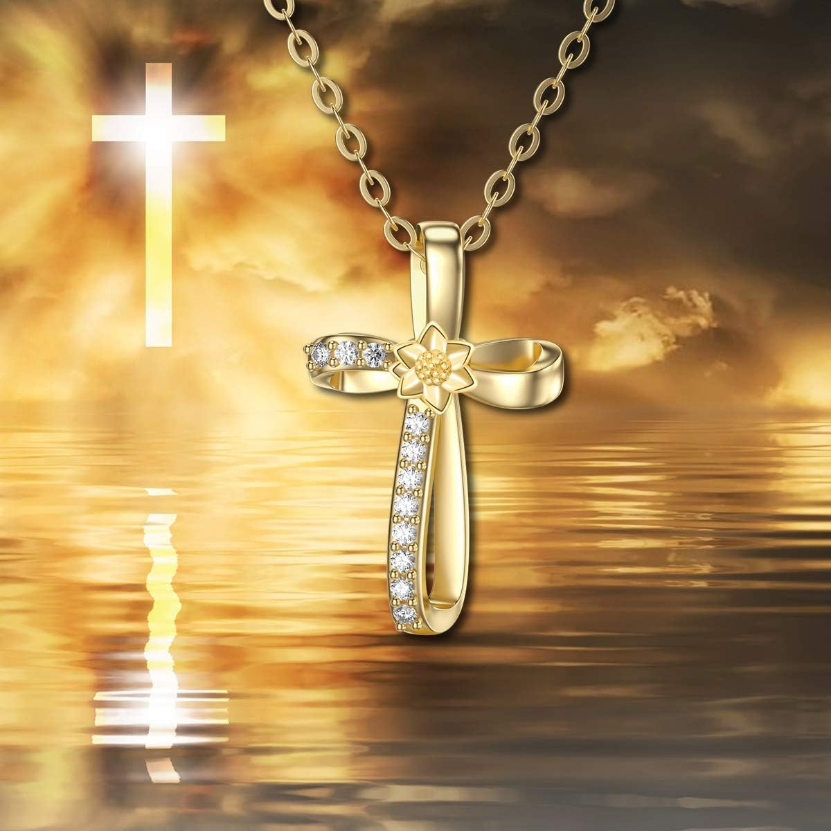 14K Gold Moissanite Daisy & Cross Pendant Necklace