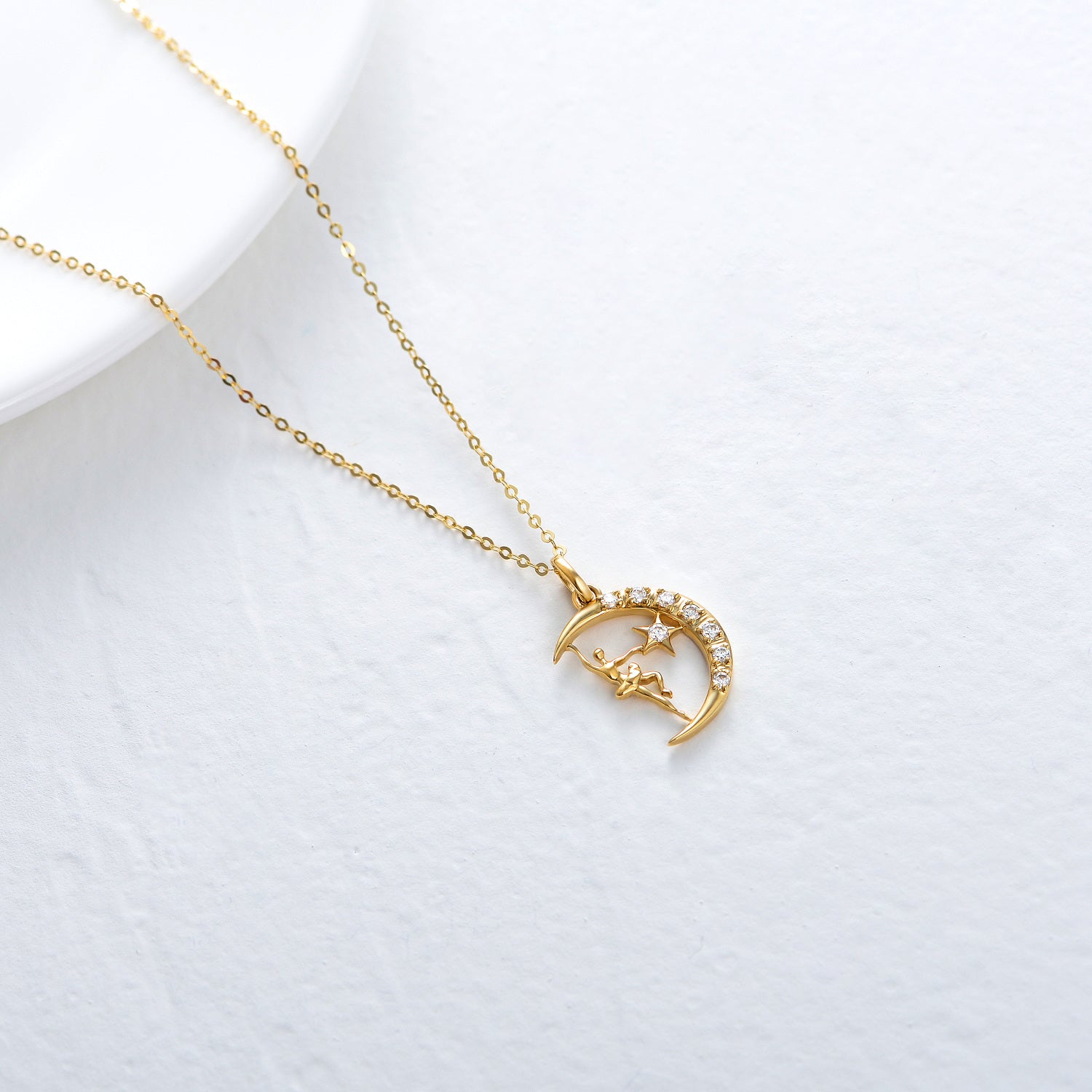 14K Gold Moissanite Dancing Girl Moon & Star Pendant Necklace For Ballet Lovers