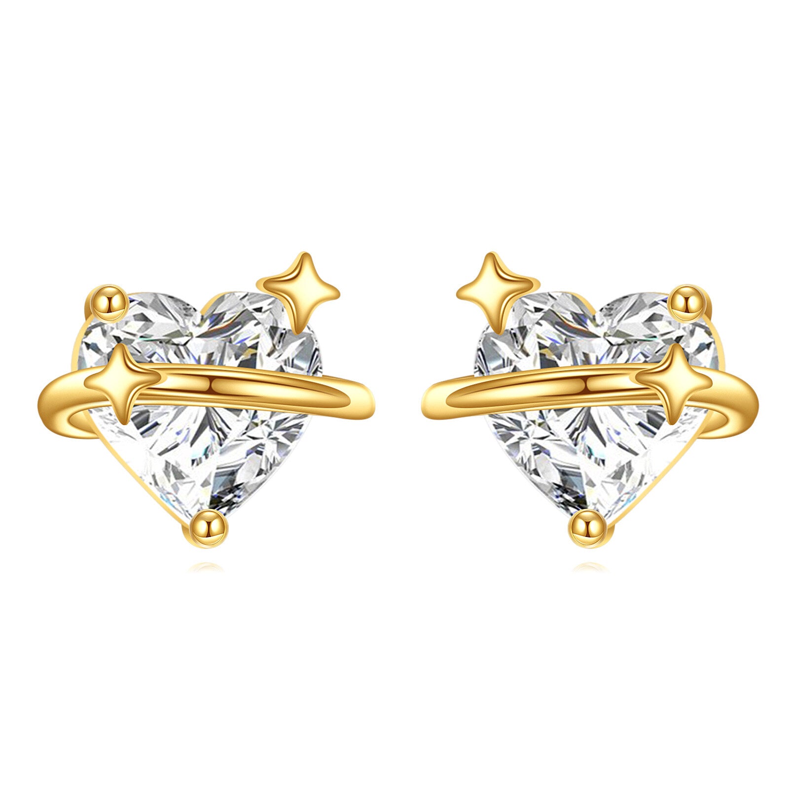 14K Gold Moissanite Heart & Star Stud Earrings