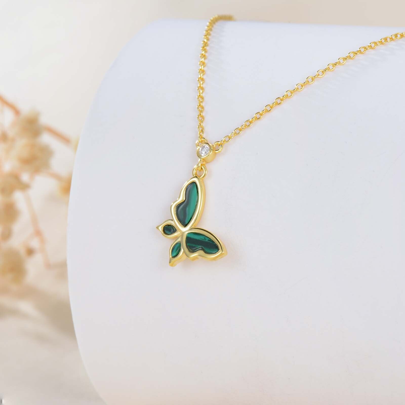 14K Gold Moissanite & Malachite Butterfly Pendant Necklace
