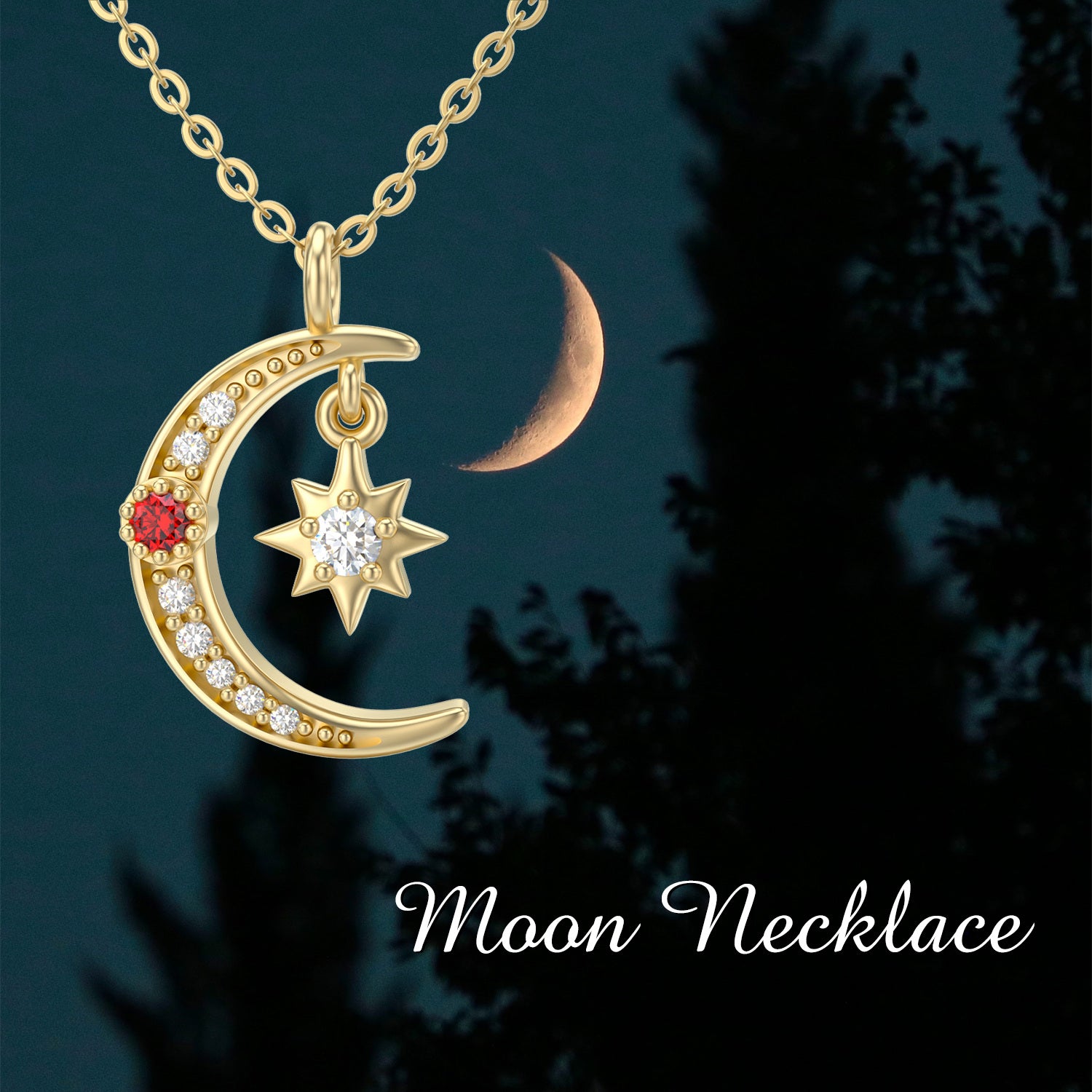 14K Gold Moissanite Moon & Star Pendant Necklace