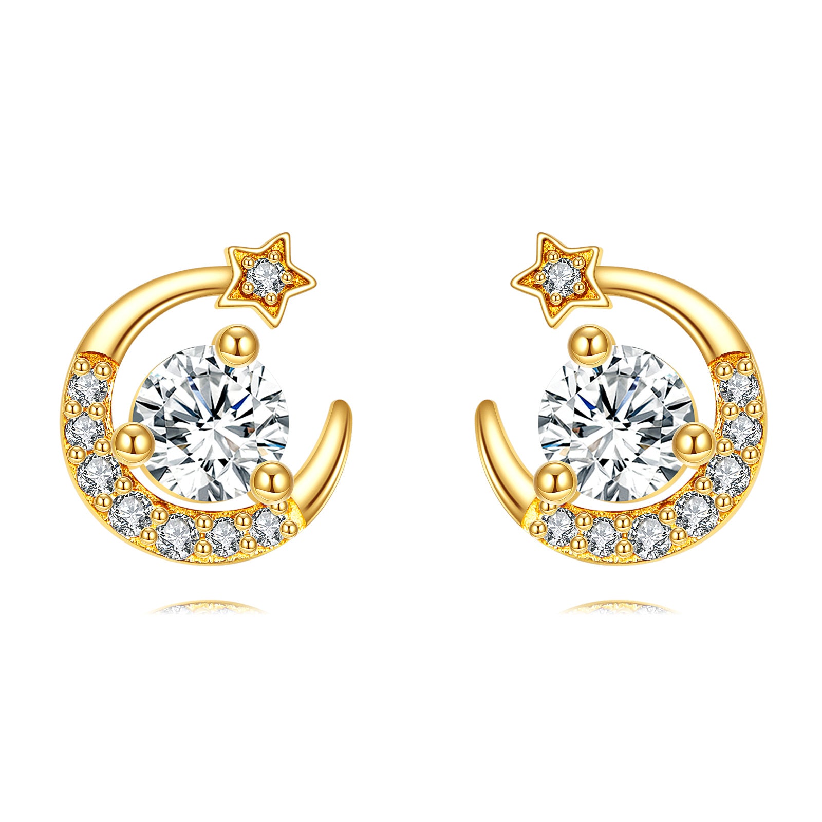 14K Gold Moissanite Moon & Star Stud Earrings