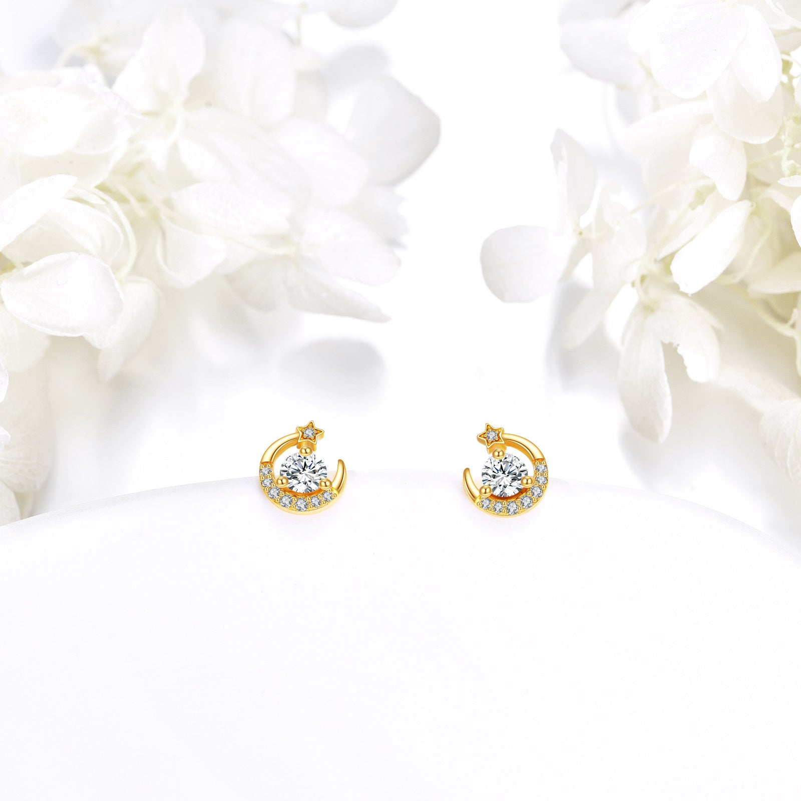 14K Gold Moissanite Moon & Star Stud Earrings