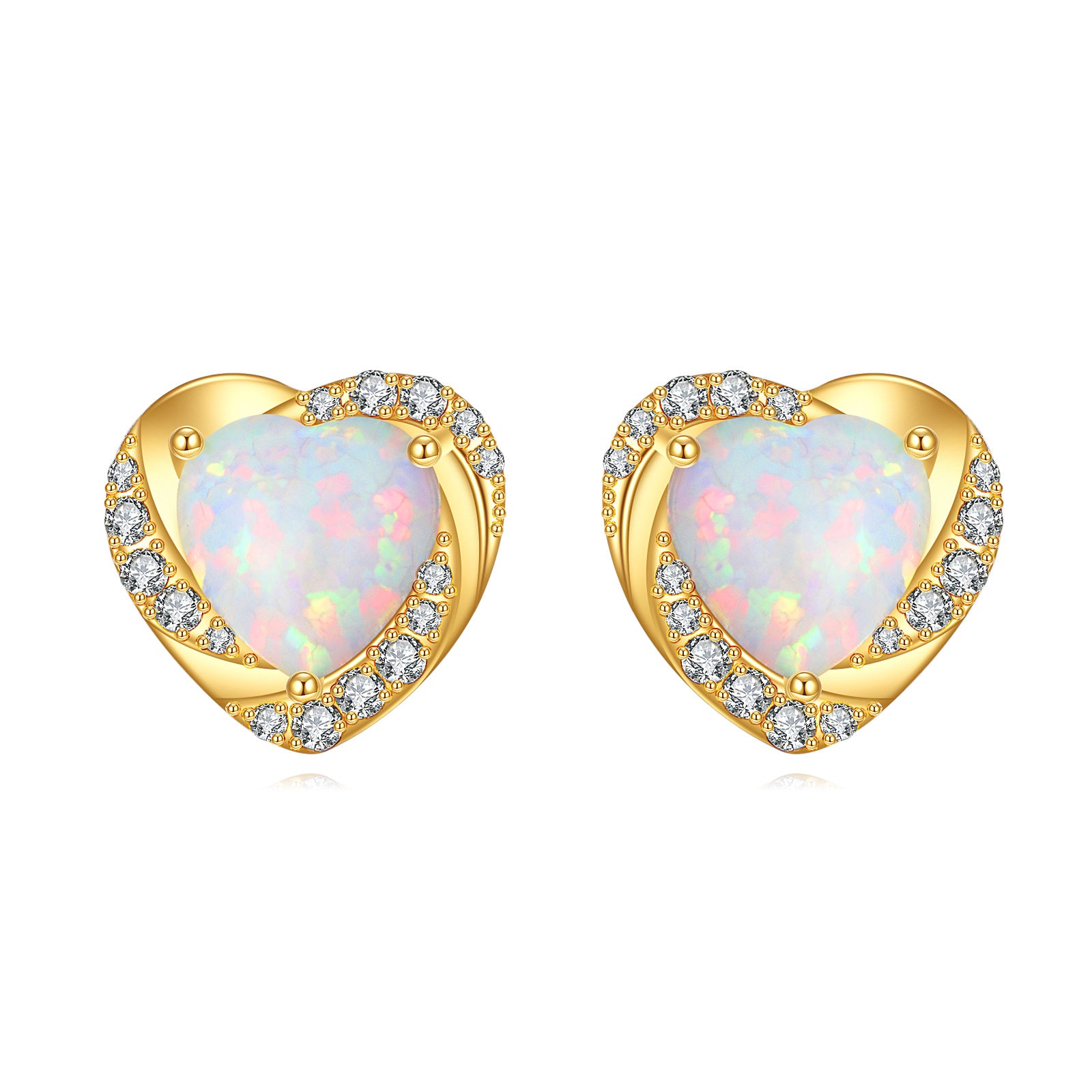 14K Gold Moissanite & Opal Heart Stud Earrings