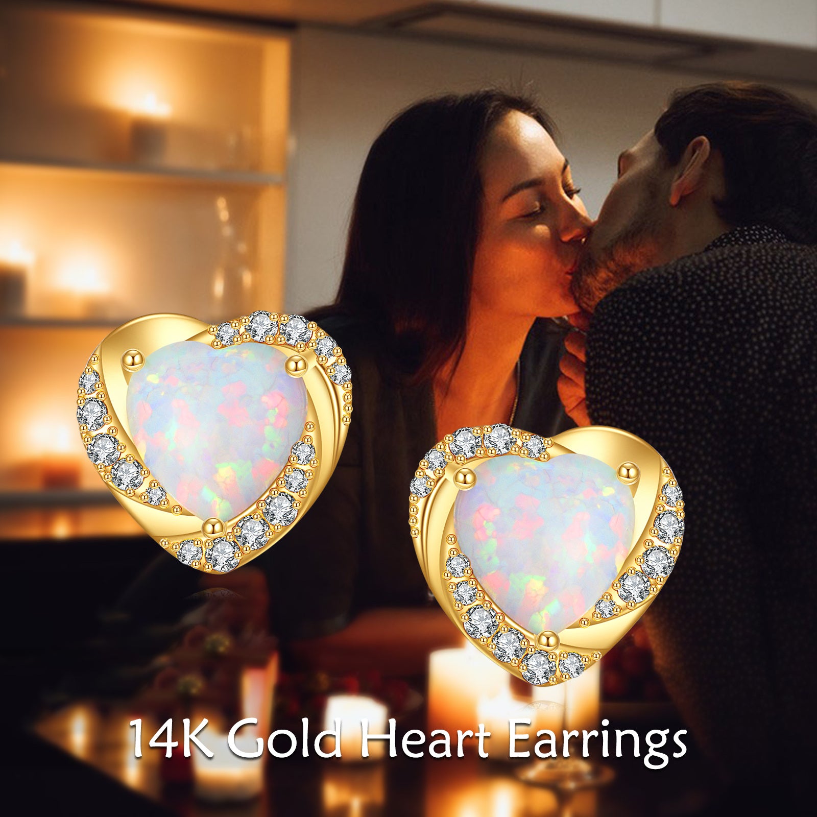 14K Gold Moissanite & Opal Heart Stud Earrings
