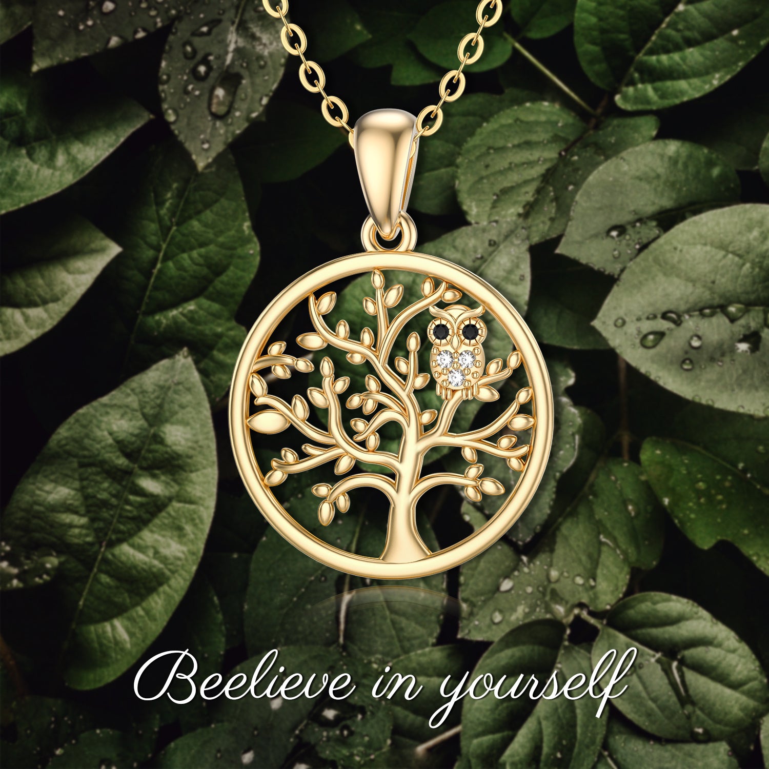 14K Gold Moissanite Owl & Tree Of Life Pendant Necklace