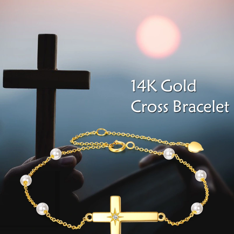 14K Gold Moissanite & Pearl Cross Charm Bracelet