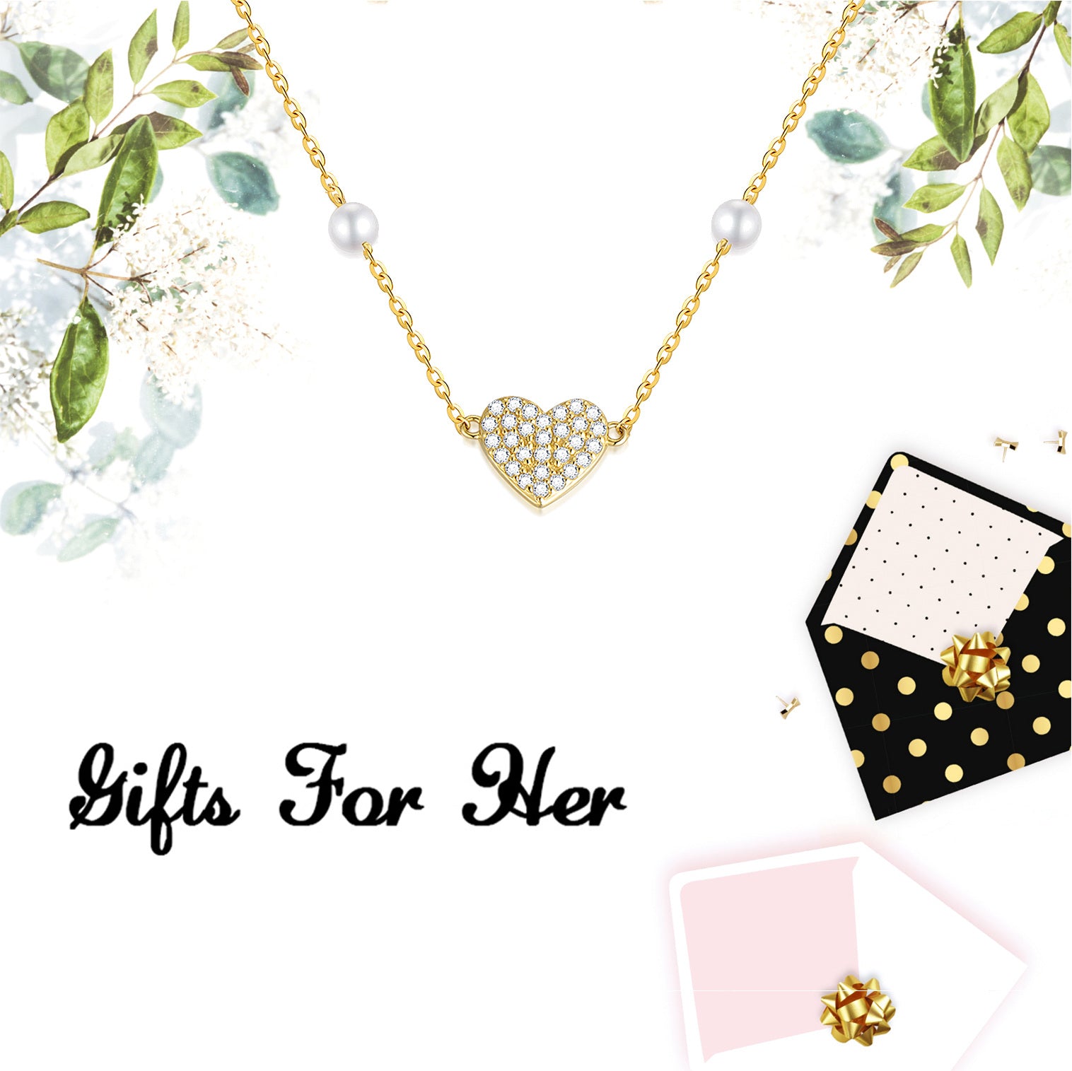 14K Gold Moissanite & Pearl Heart Pendant Necklace