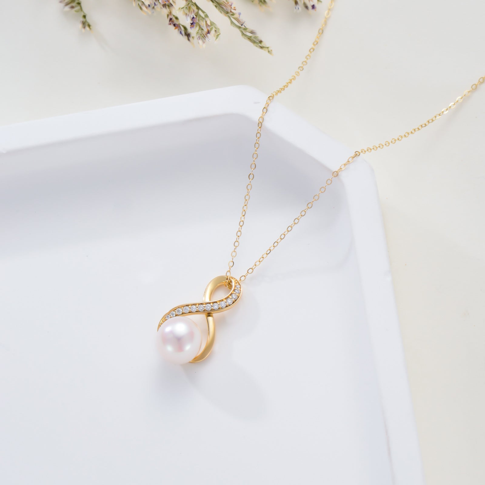 14K Gold Moissanite & Pearl Infinite Symbol Pendant Necklace
