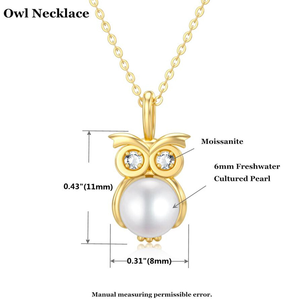 14K Gold Moissanite & Pearl Owl Pendant Necklace