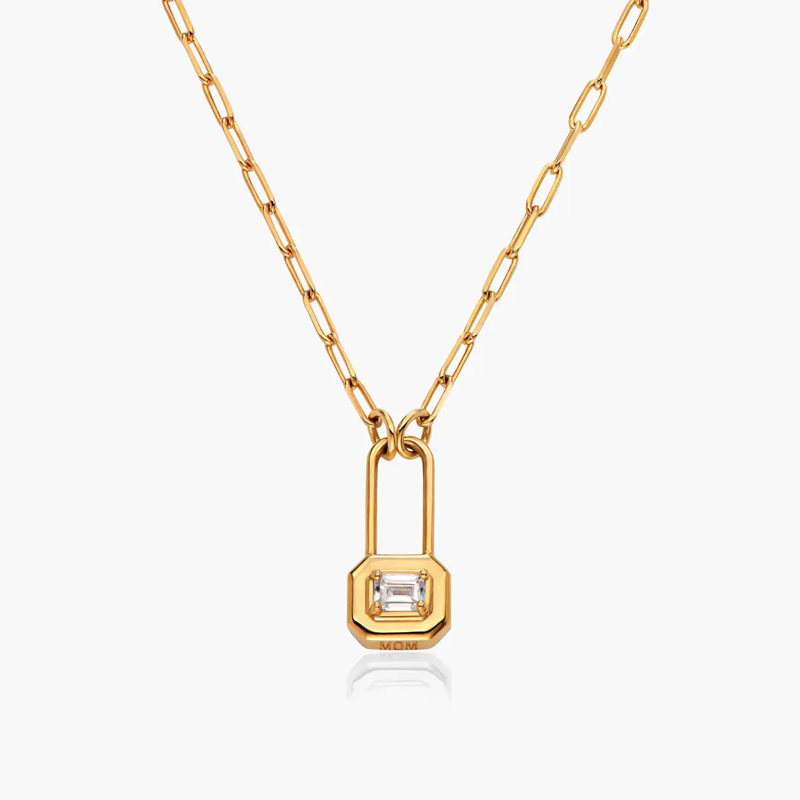 Sterling Silver with Yellow Gold Plated Moissanite Personalized Engraving & Lock Pendant Necklace