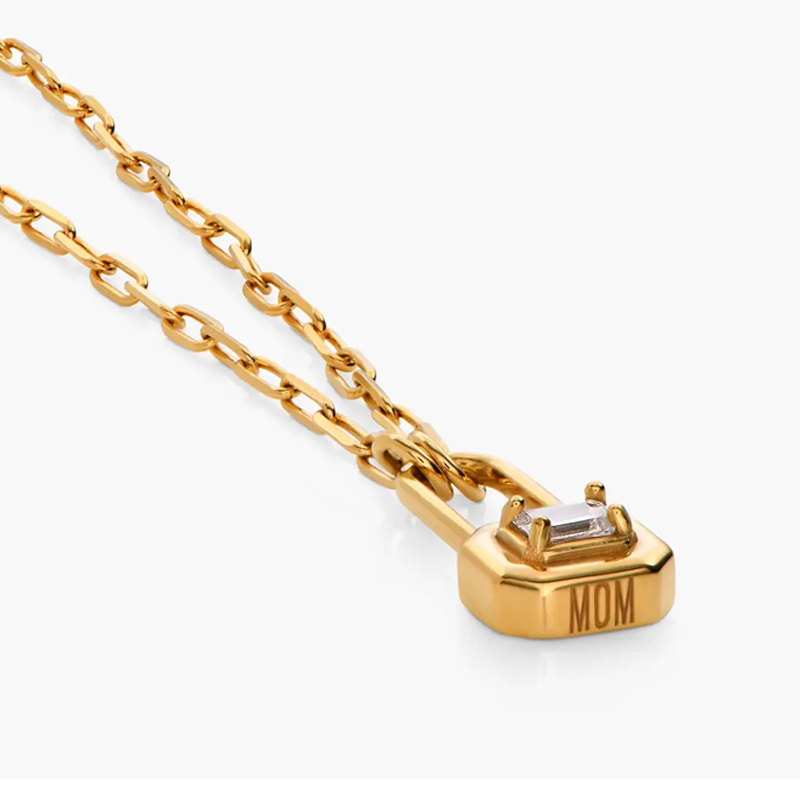 Sterling Silver with Yellow Gold Plated Moissanite Personalized Engraving & Lock Pendant Necklace