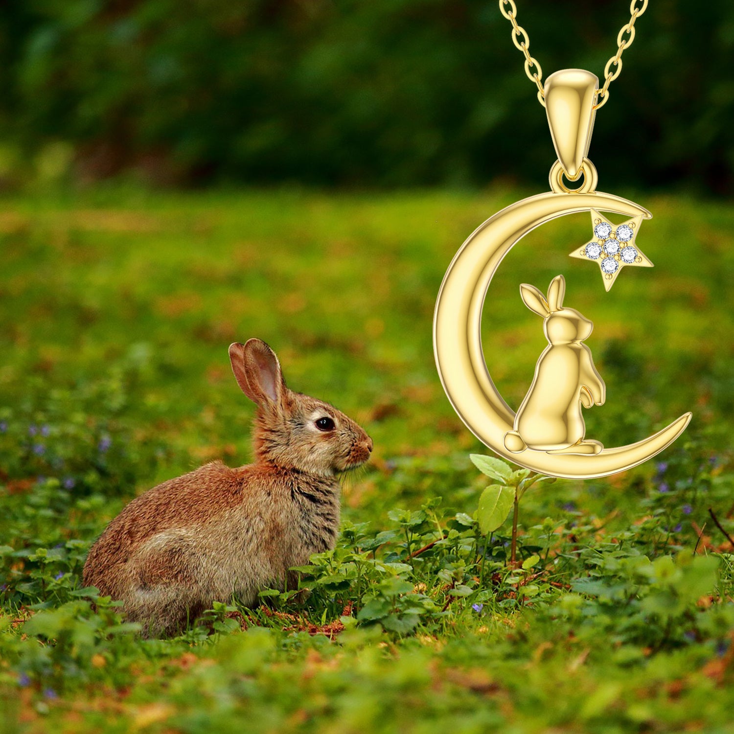 14K Gold Moissanite Rabbit Pendant Necklace