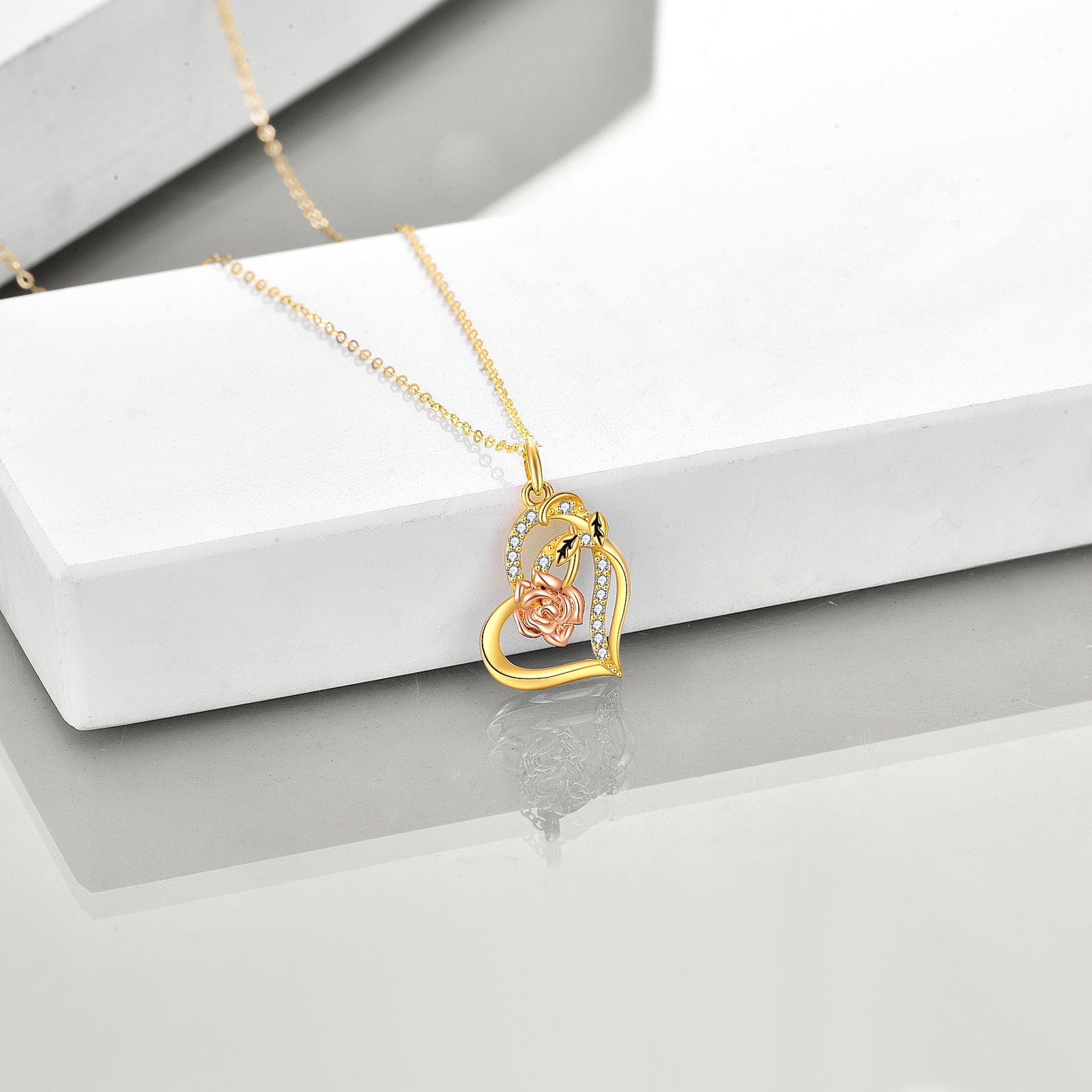 14K Gold Two-Stone Heart Moissanite Rose Pendant Necklace For Women Best Friends