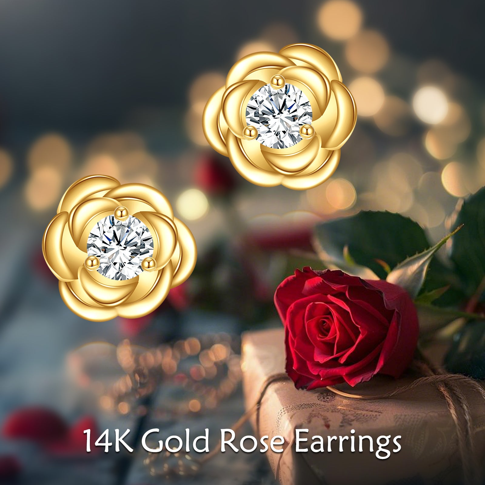 14K Gold Moissanite Rose Stud Earrings