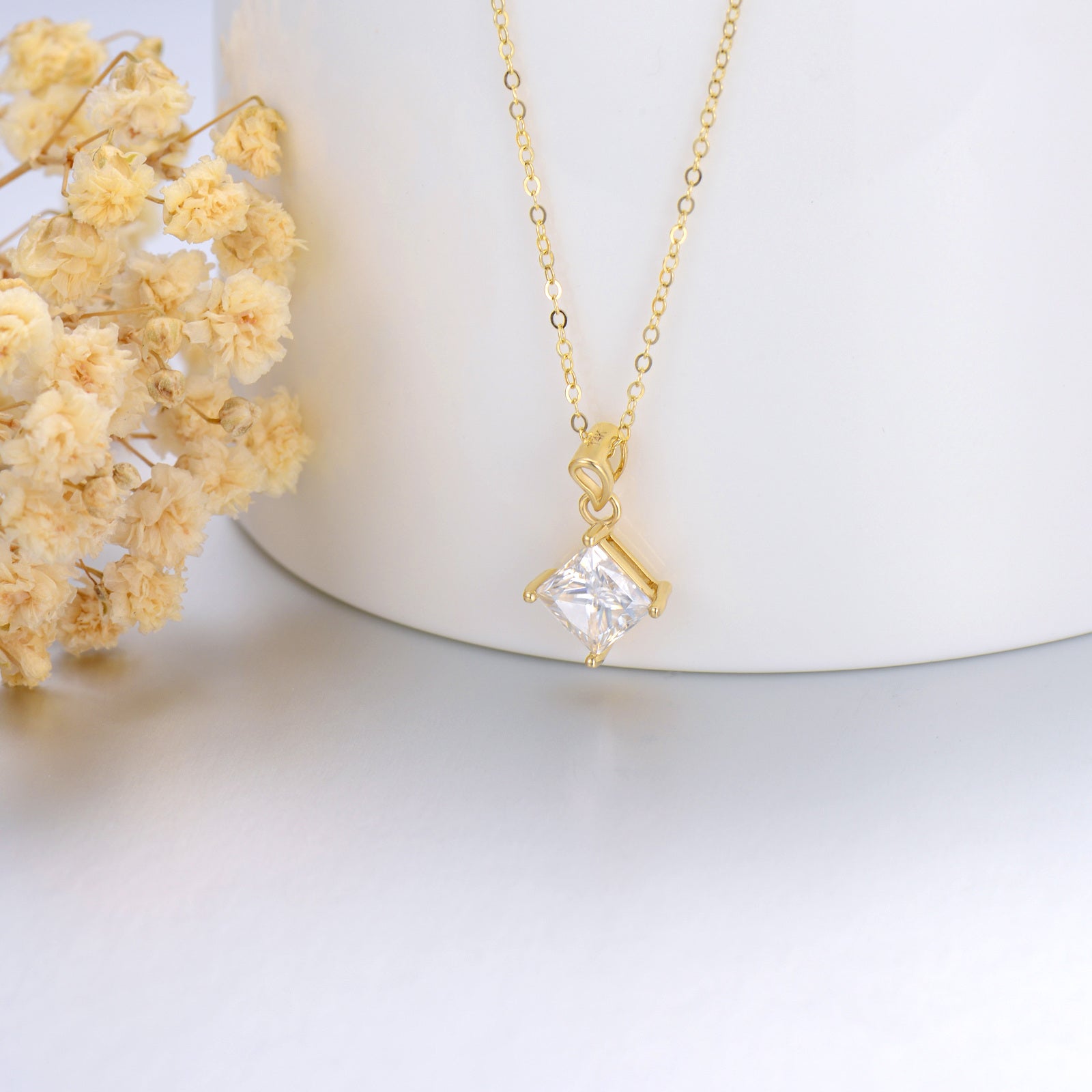 14K Gold Moissanite Square Pendant Necklace