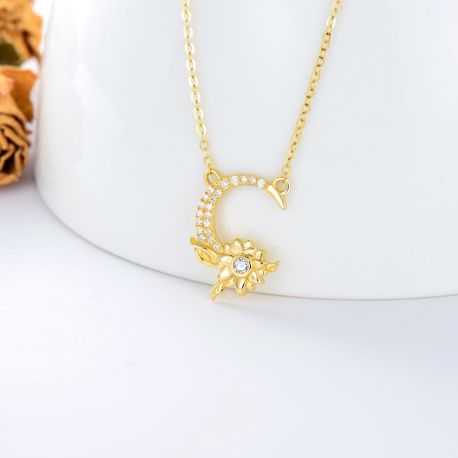 14K Gold Moissanite Sunflower & Moon Pendant Necklace