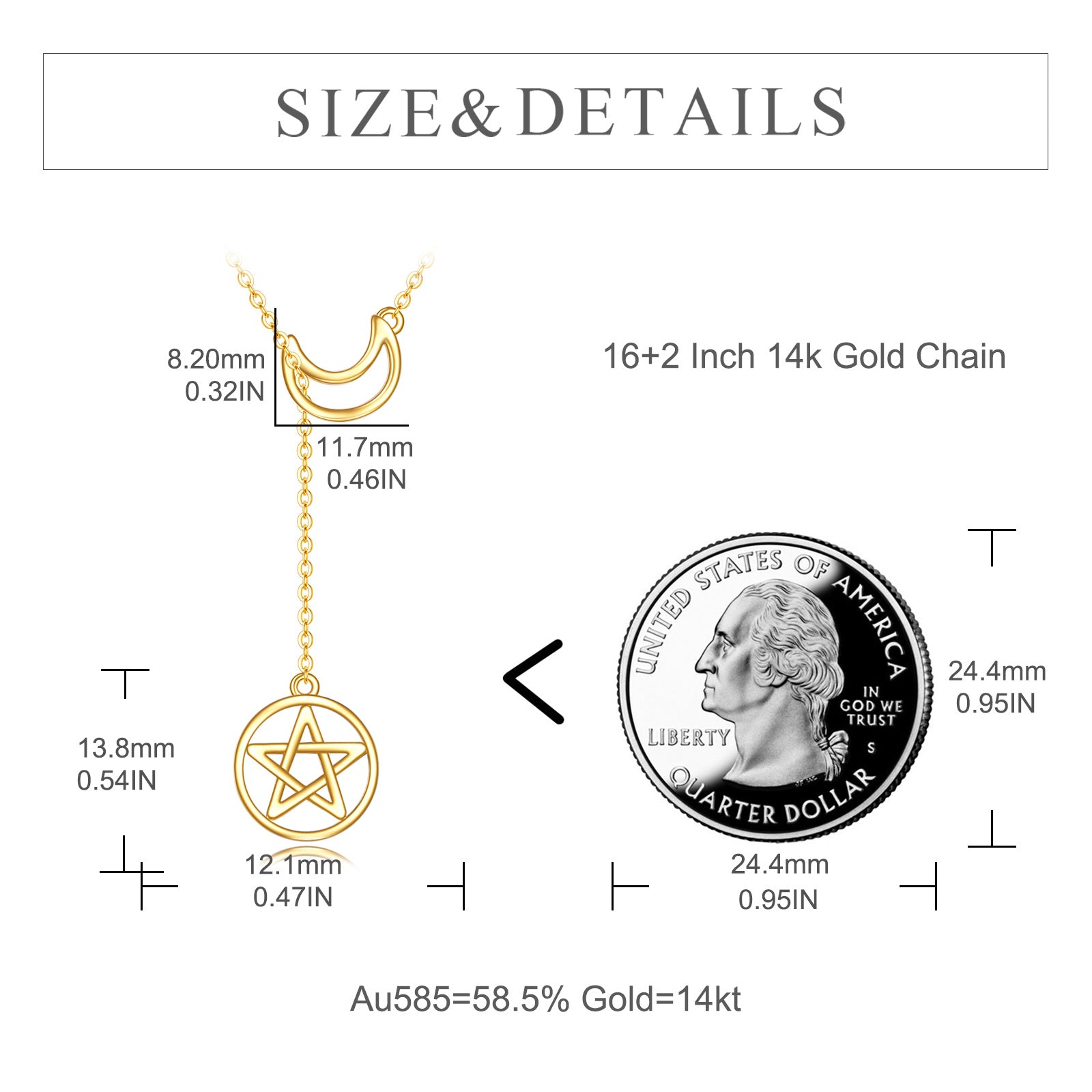 14K Gold Moon & Pentagram Adjustable Y Necklace