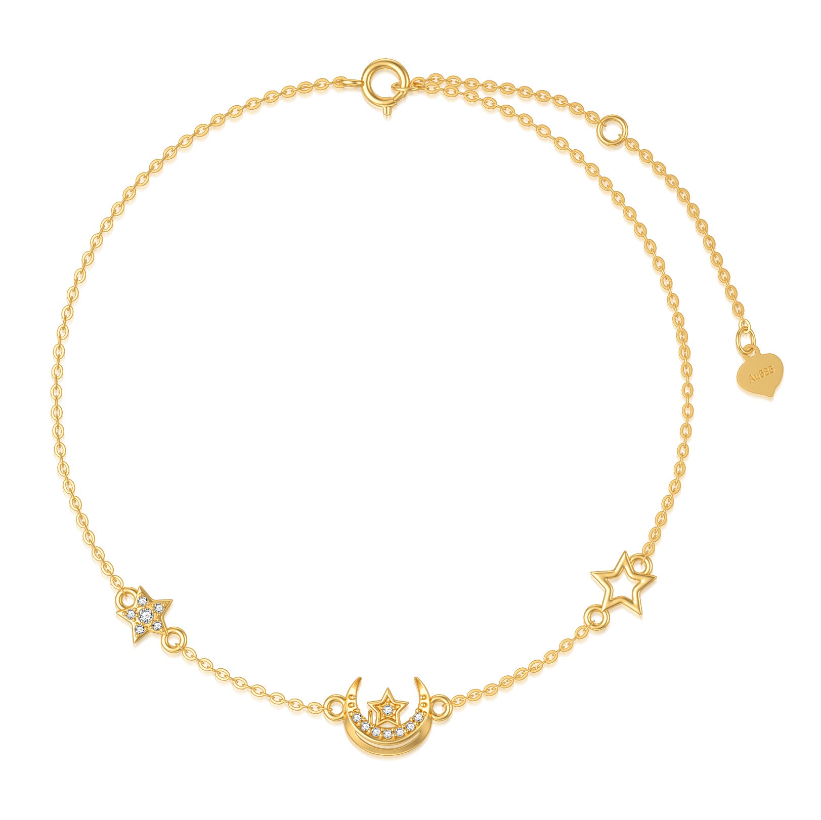 14K Gold Cubic Zirconia Moon & Pentagram Charm Bracelet