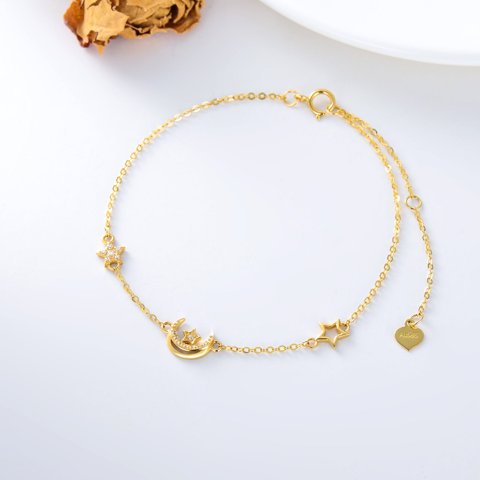 14K Gold Cubic Zirconia Moon & Pentagram Charm Bracelet