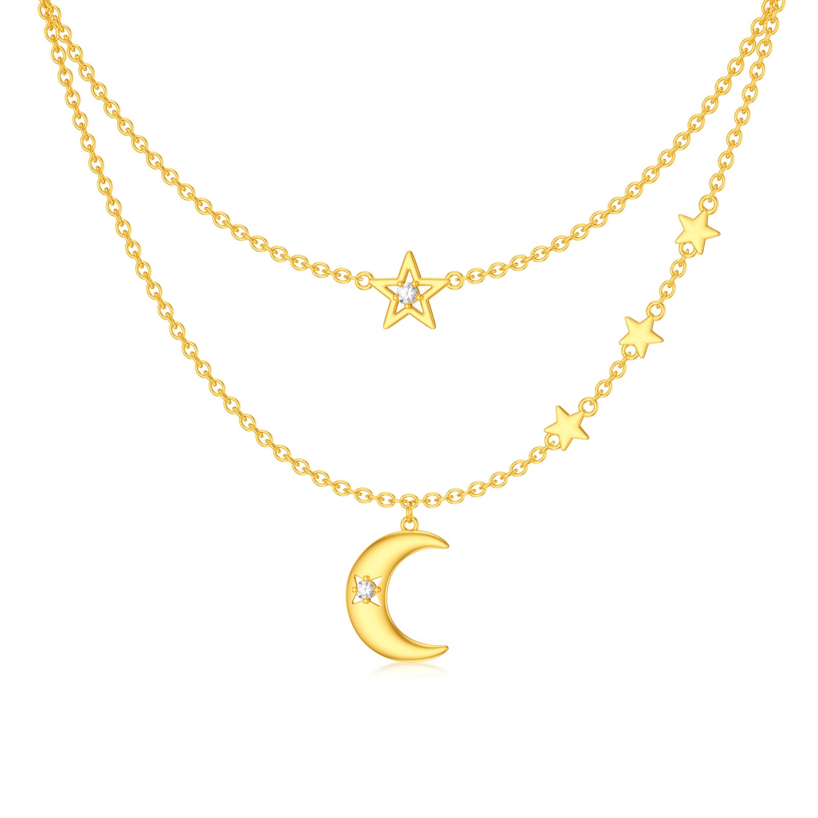 14K Gold Cubic Zirconia Moon & Star Layered Necklace