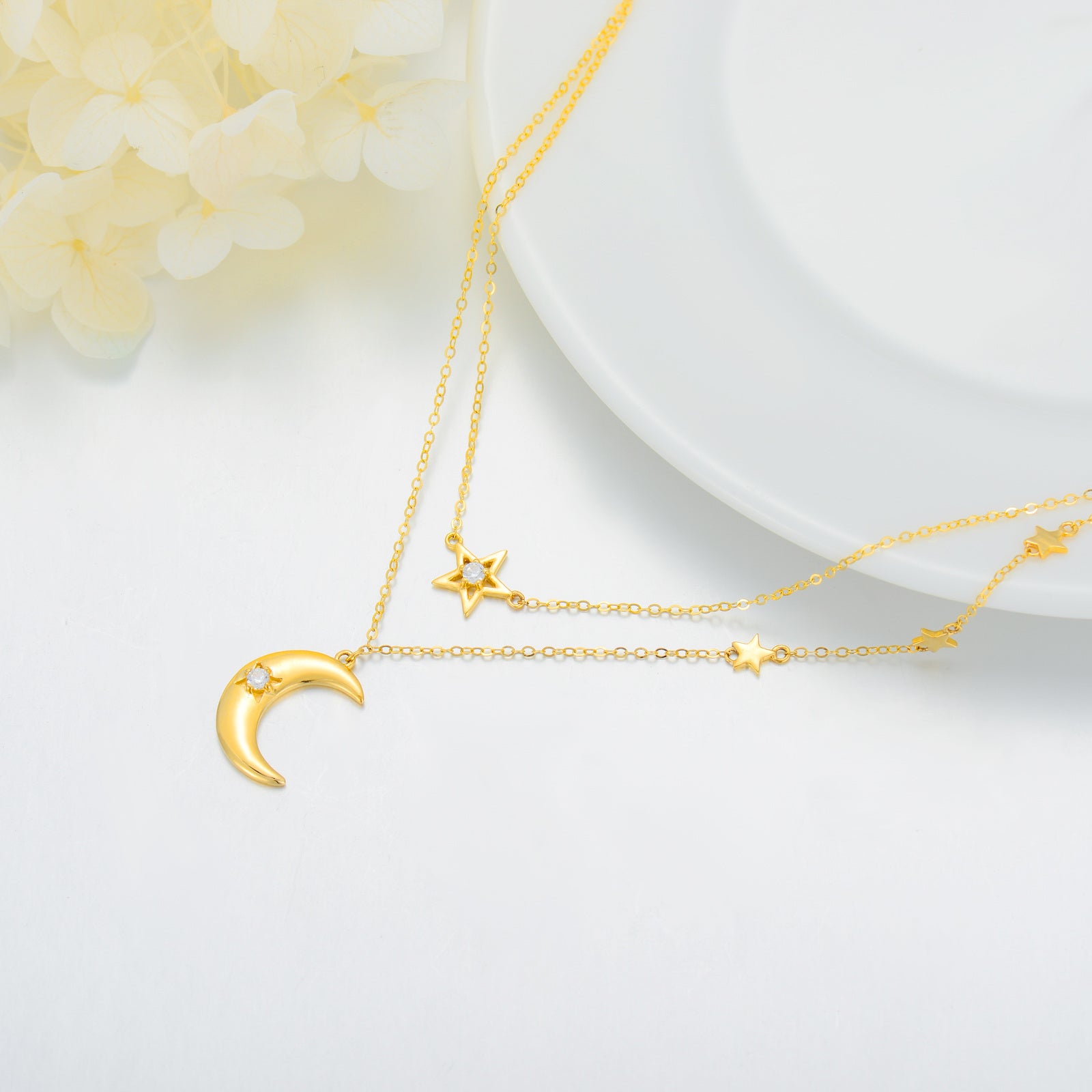 14K Gold Cubic Zirconia Moon & Star Layered Necklace