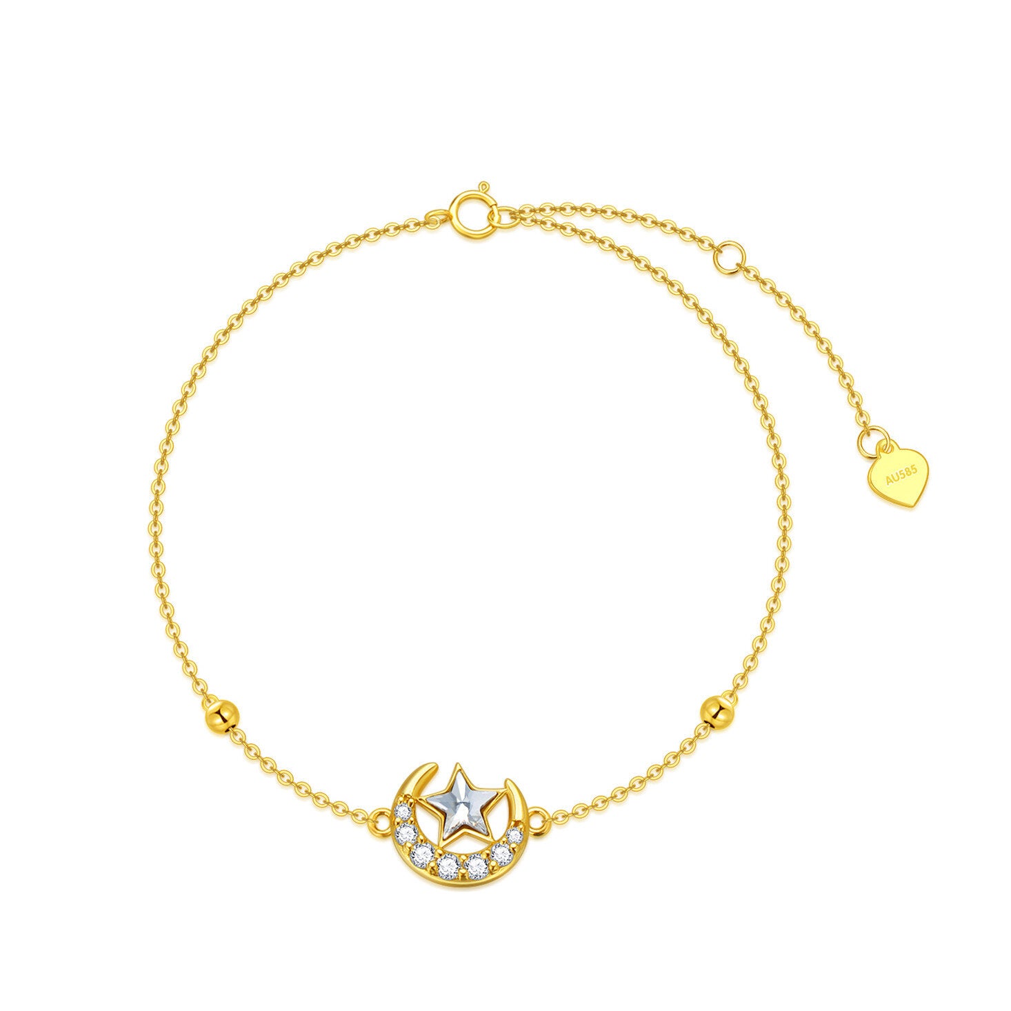 14K Gold Cubic Zirconia Moon & Star Charm Bracelet