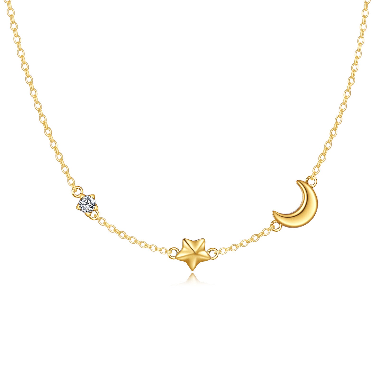 14K Gold Cubic Zirconia Moon & Star Pendant Necklace