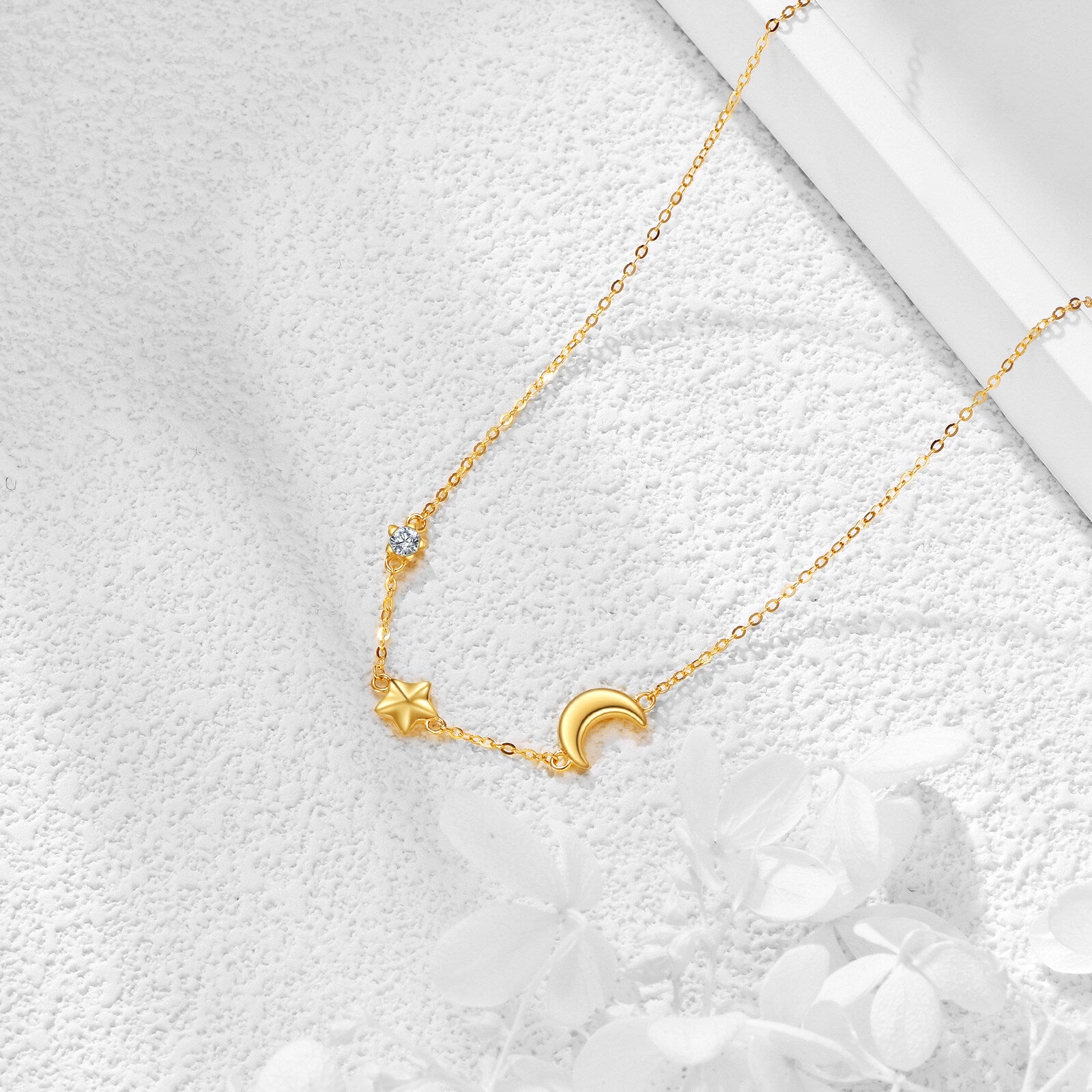 14K Gold Cubic Zirconia Moon & Star Pendant Necklace