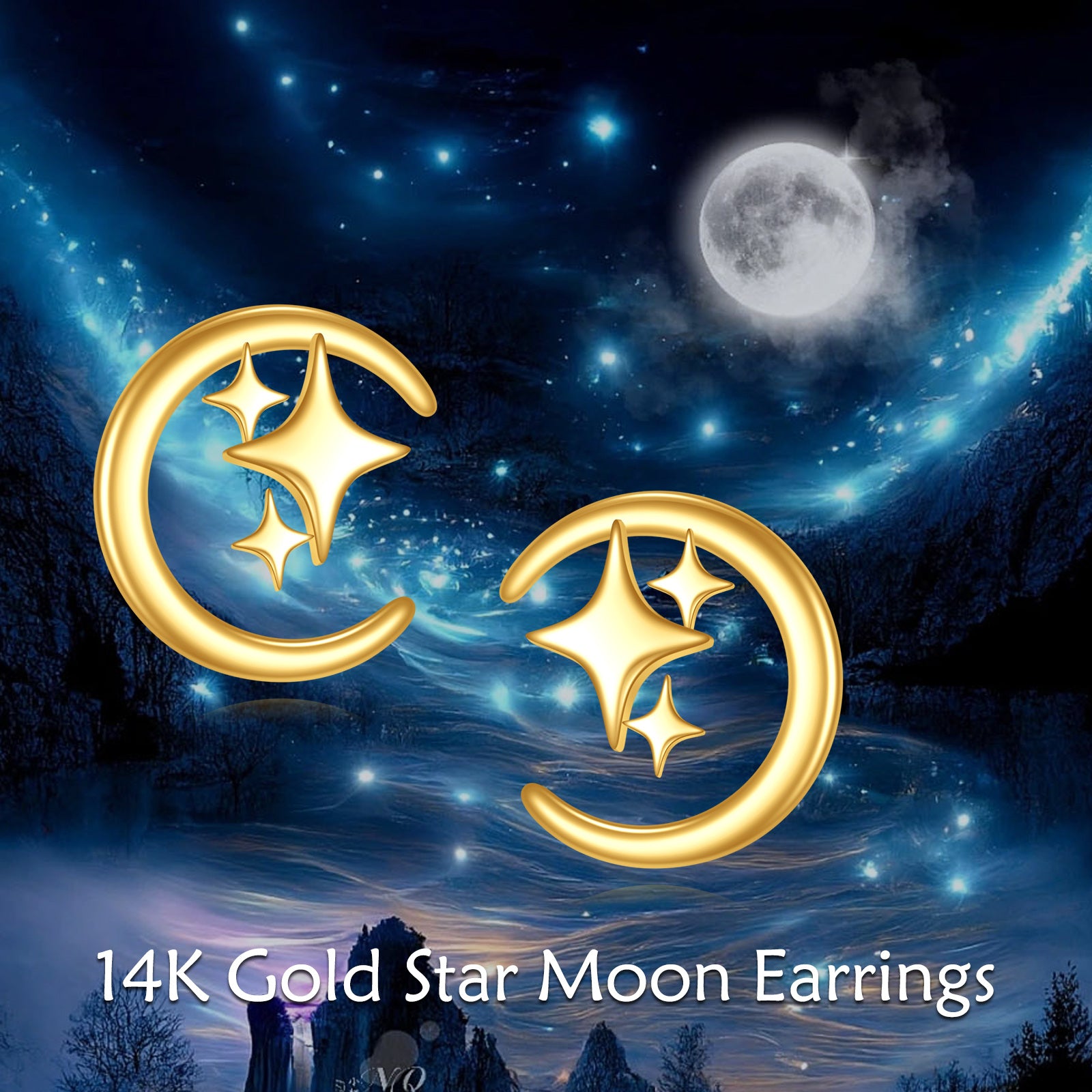 14K Gold Moon & Star Stud Earrings