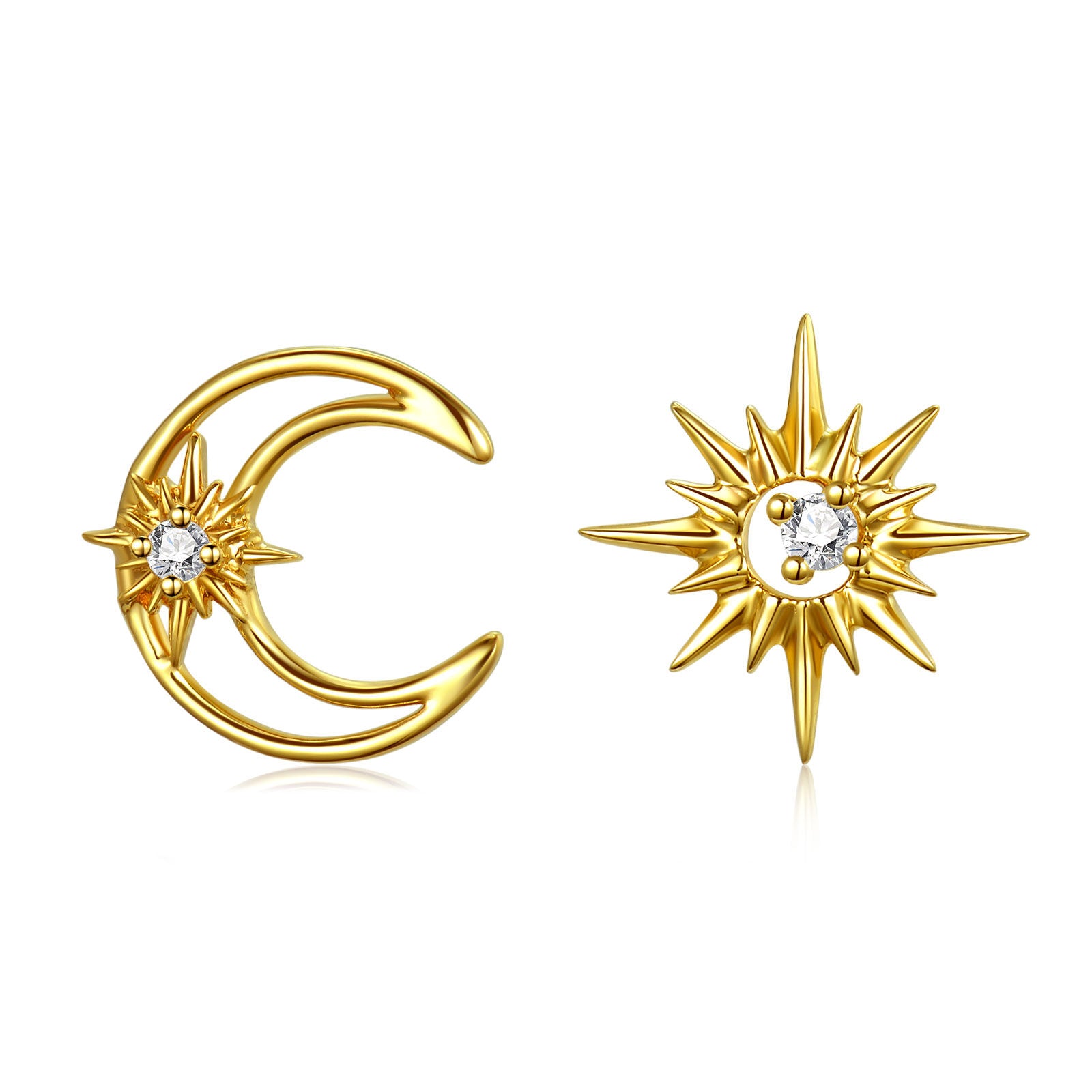14K Gold Cubic Zirconia Moon & Star Stud Earrings