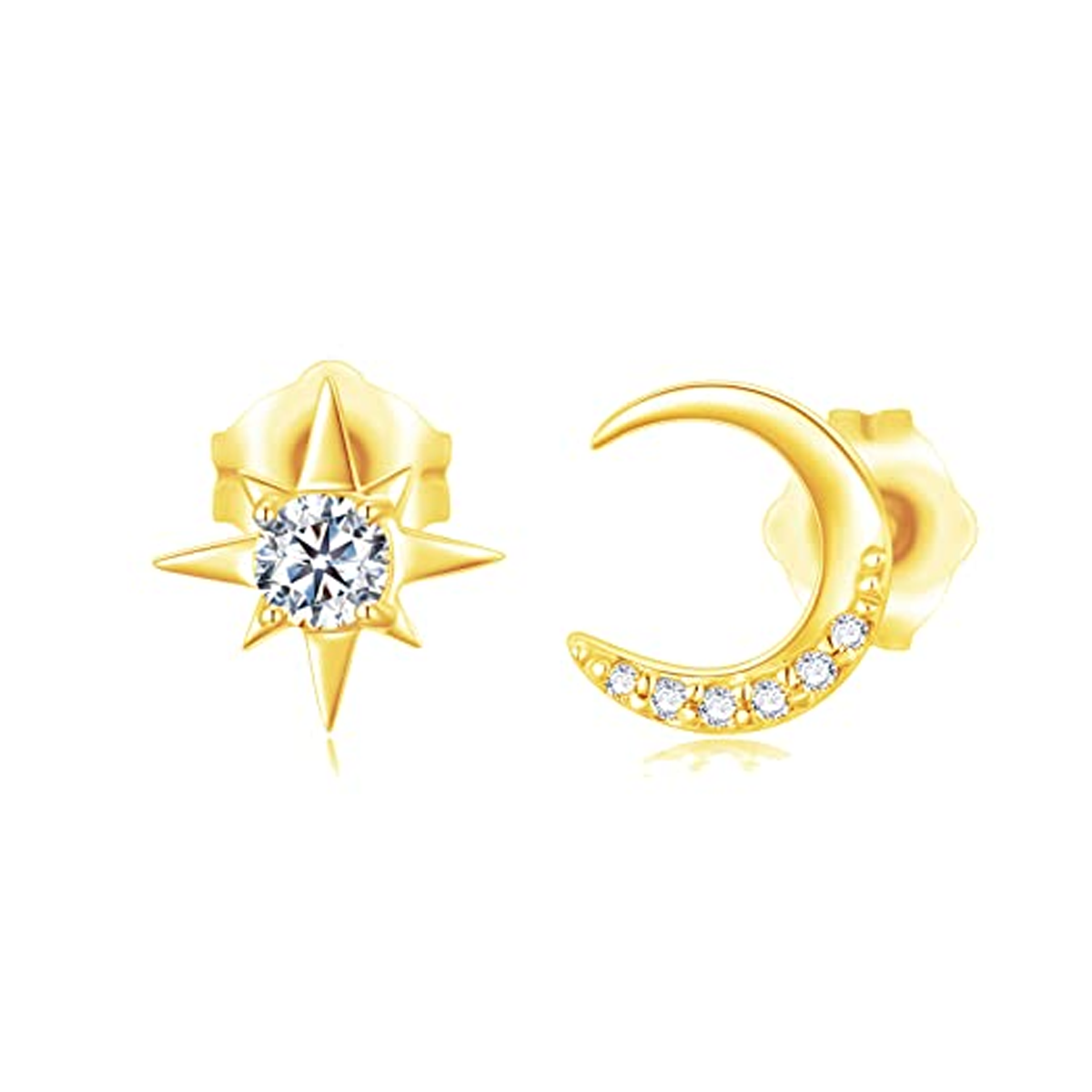 14K Gold Cubic Zirconia Moon & Star Stud Earrings