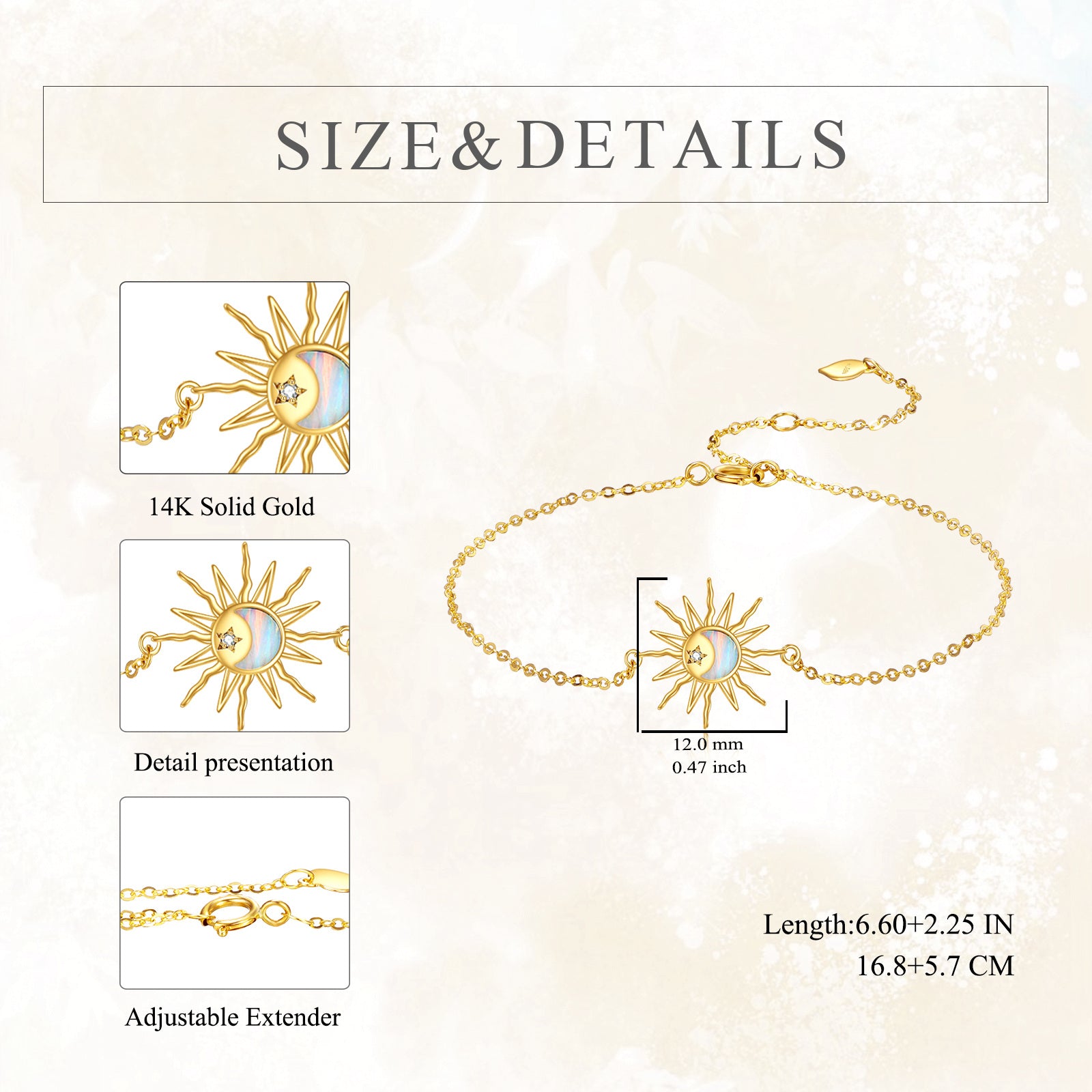 14K Gold Moon & Sun Charm Bracelet