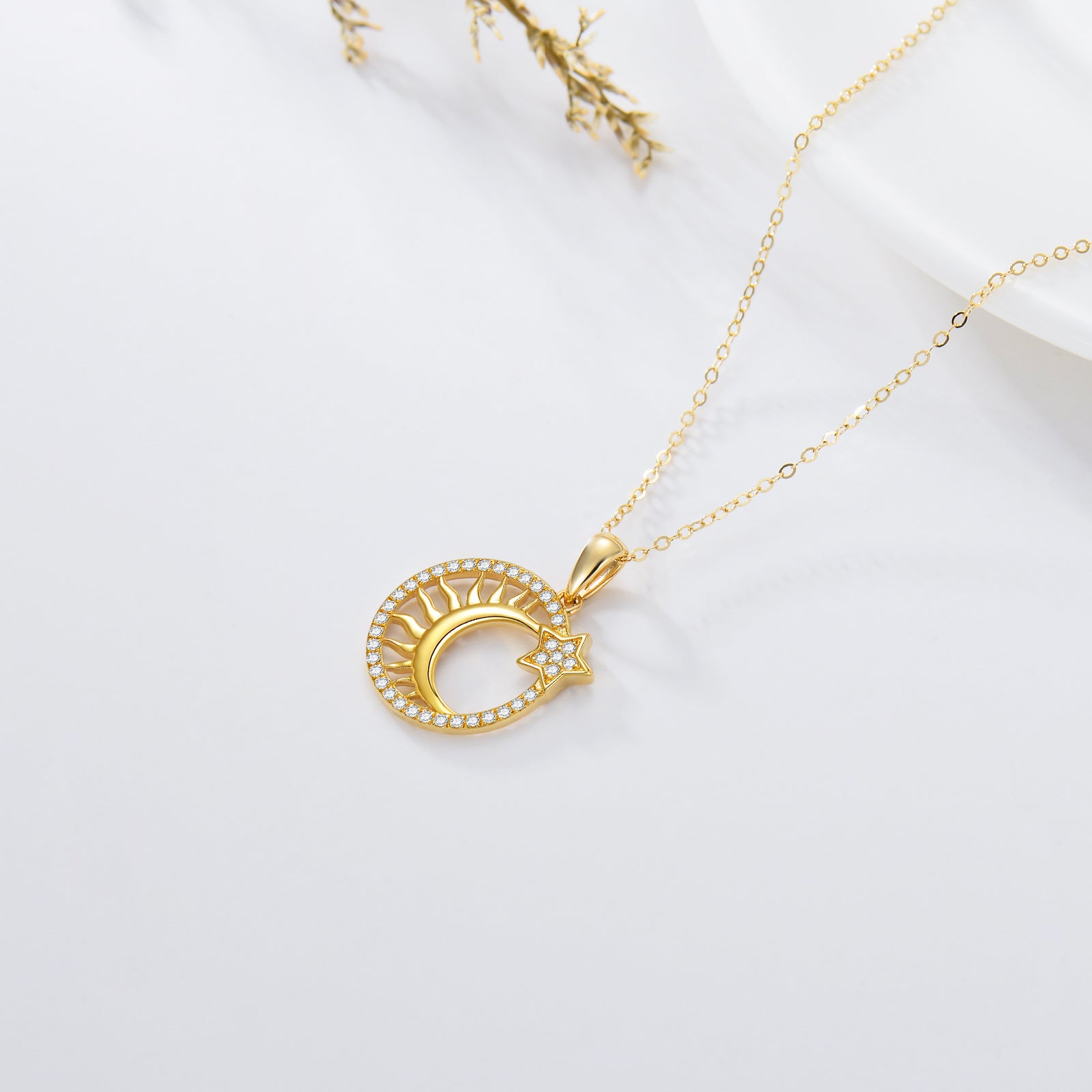14K Gold Cubic Zirconia Moon & Sun Pendant Necklace