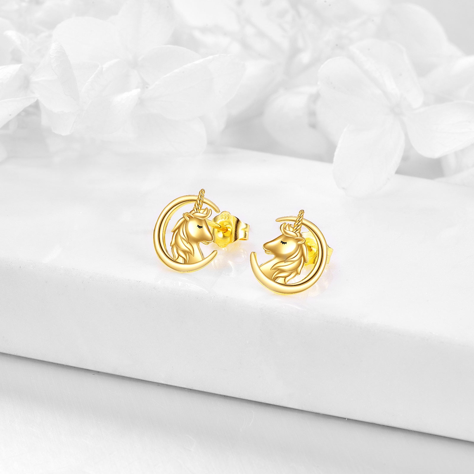 14K Gold Moon & Unicorn Stud Earrings