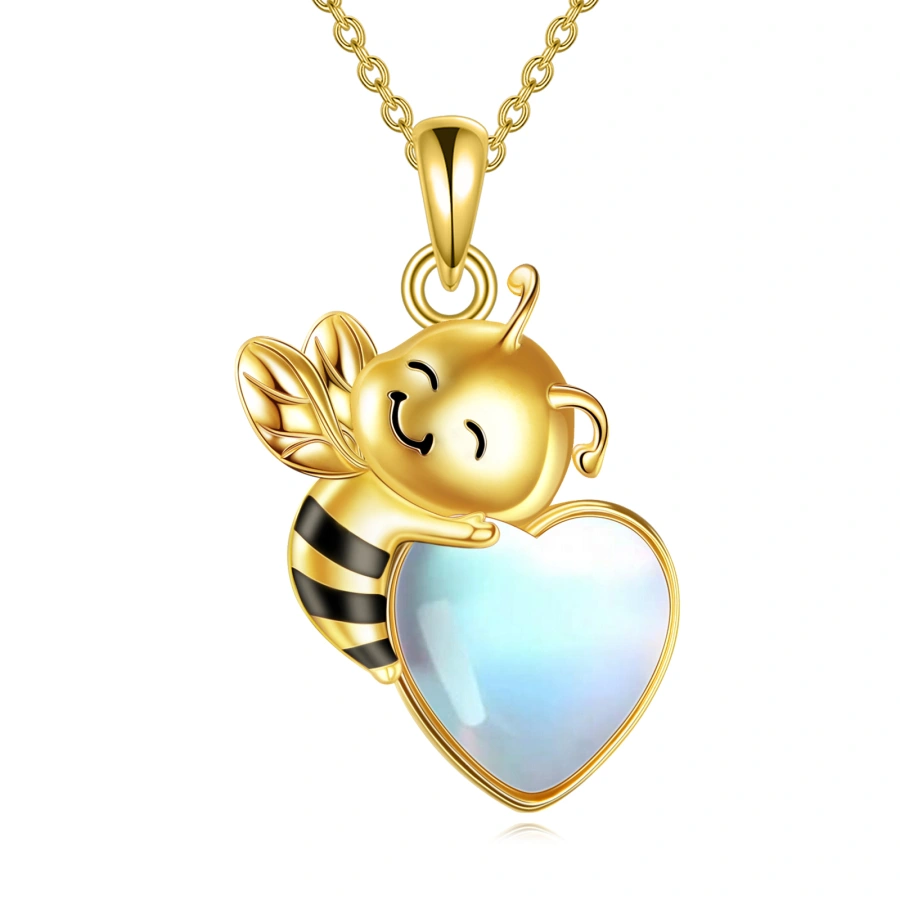 14K Gold Moonstone Bee & Heart Necklace for Women
