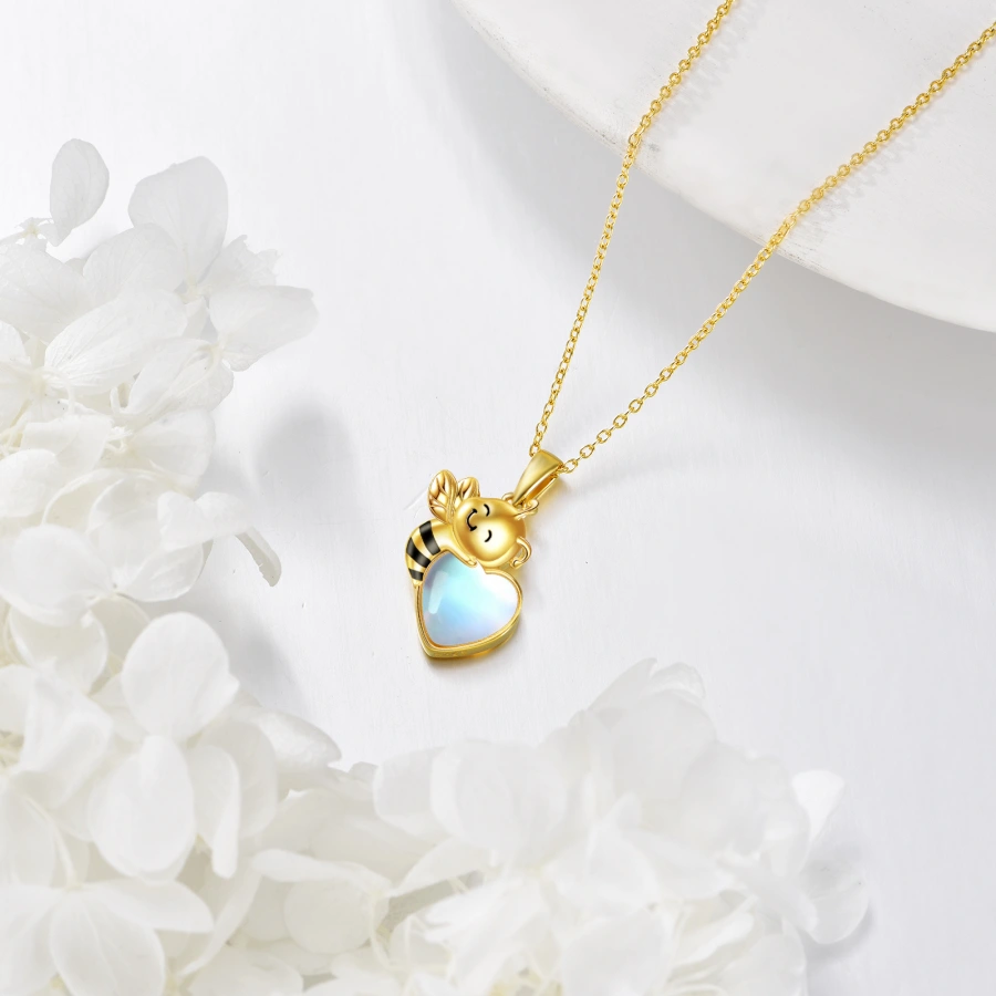 14K Gold Moonstone Bee & Heart Necklace for Women